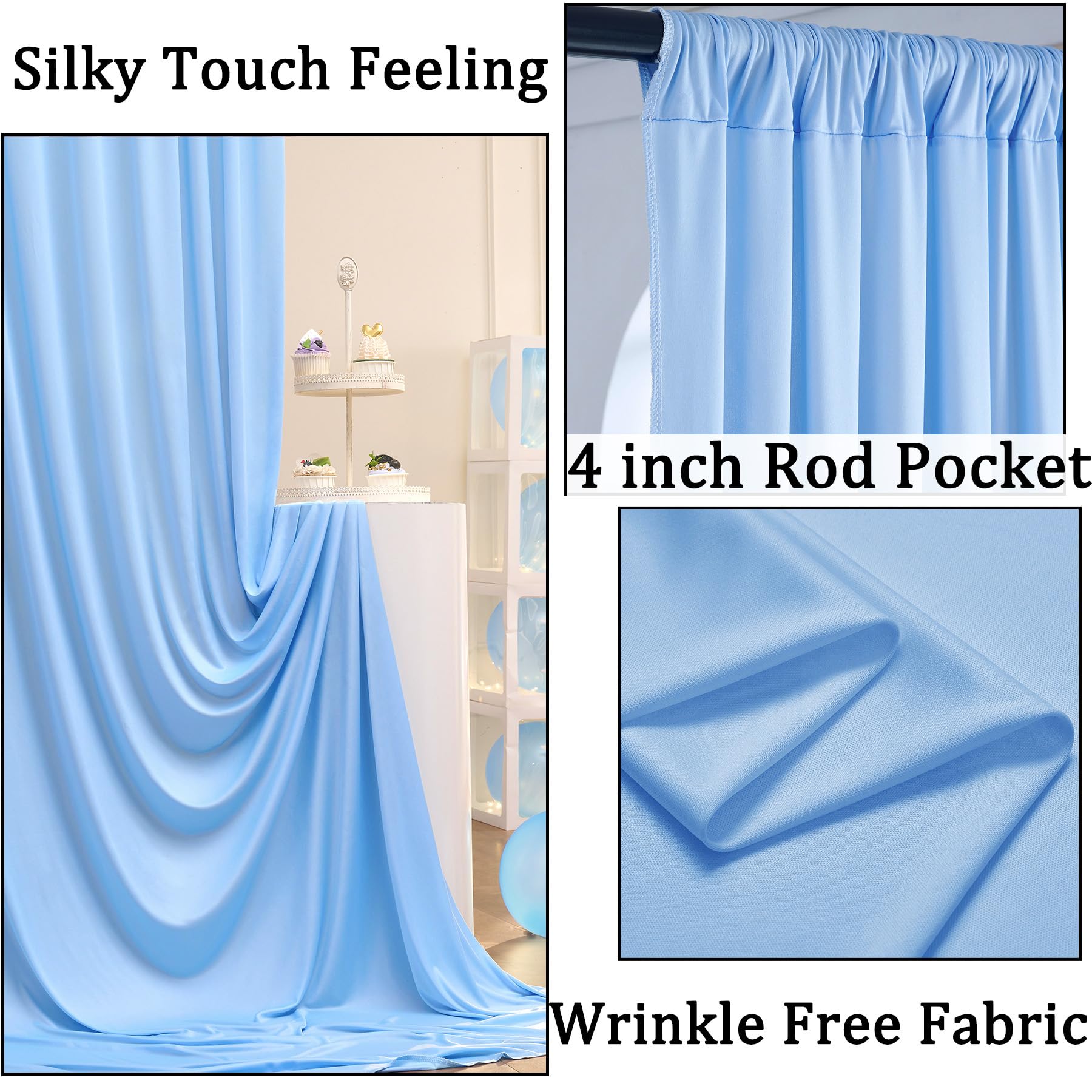 20Ft X 10Ft Baby Blue Backdrop Curtains For Parties, 4 Panels 5  10Ft Soft Silky Polyester Photo Backdrop Drapes For Weddings Bi