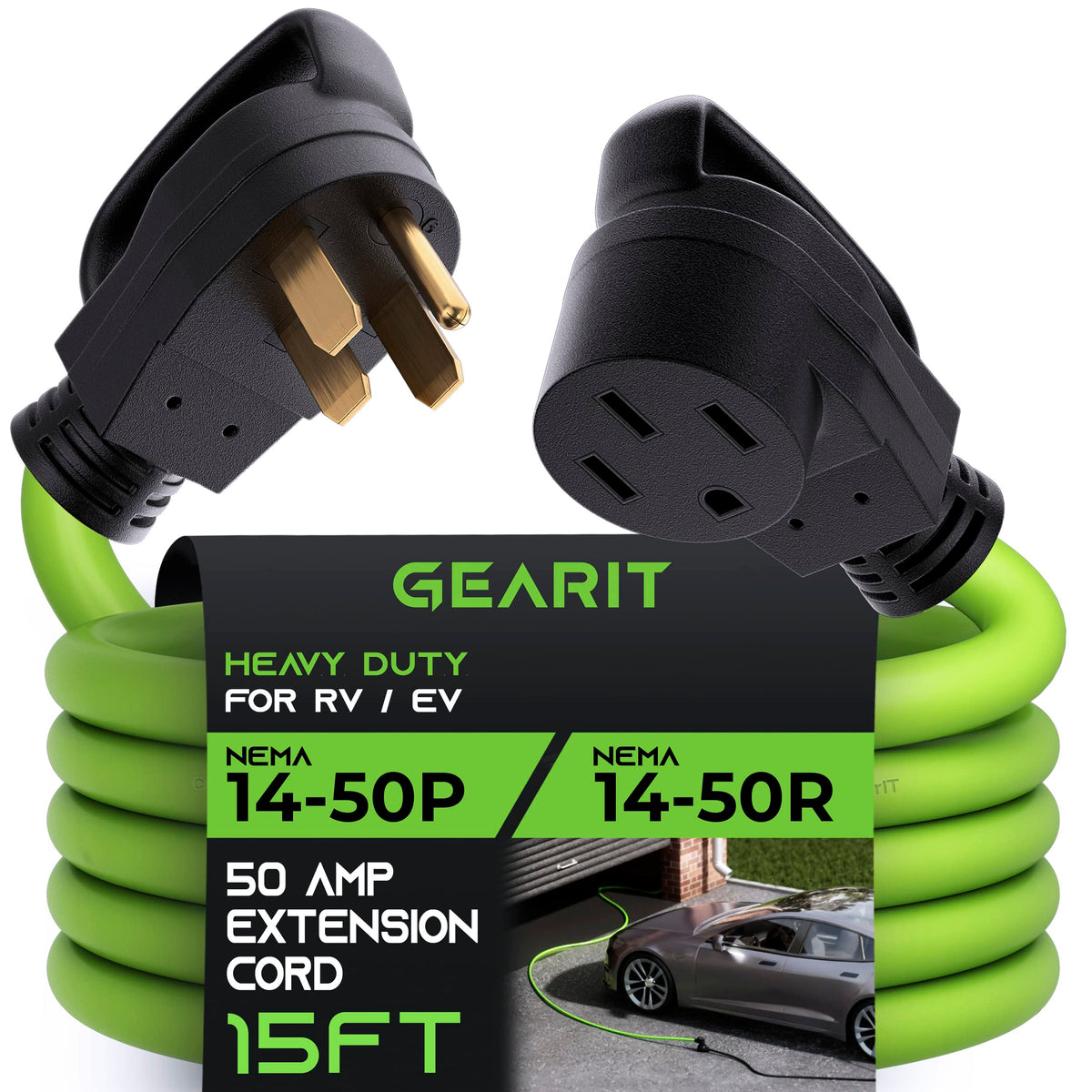 Gearit 50 Amp Extension Cord For Rv And Ev (15 Ft) 4 Prong 250 Volt, Tesla Model 3/S/X/Y, Nema 14 50P To 14 50R 6/3, 8/1 Stw Awg
