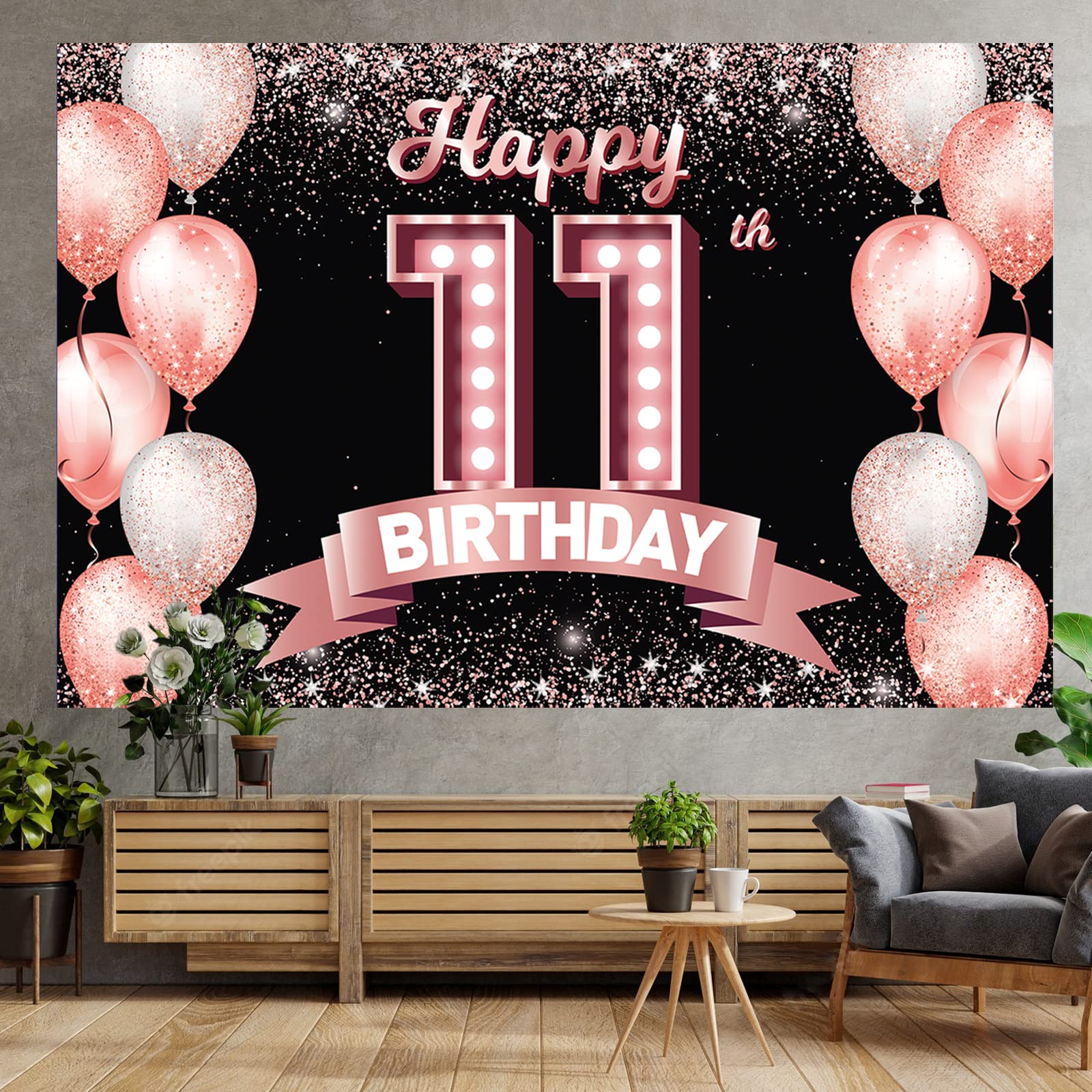 Happy 11Th Birthday Rose Gold Banner Backdrop Cheers To 11 Years Old Confetti Balloons Theme Decor Decorations For Girls 11 Year