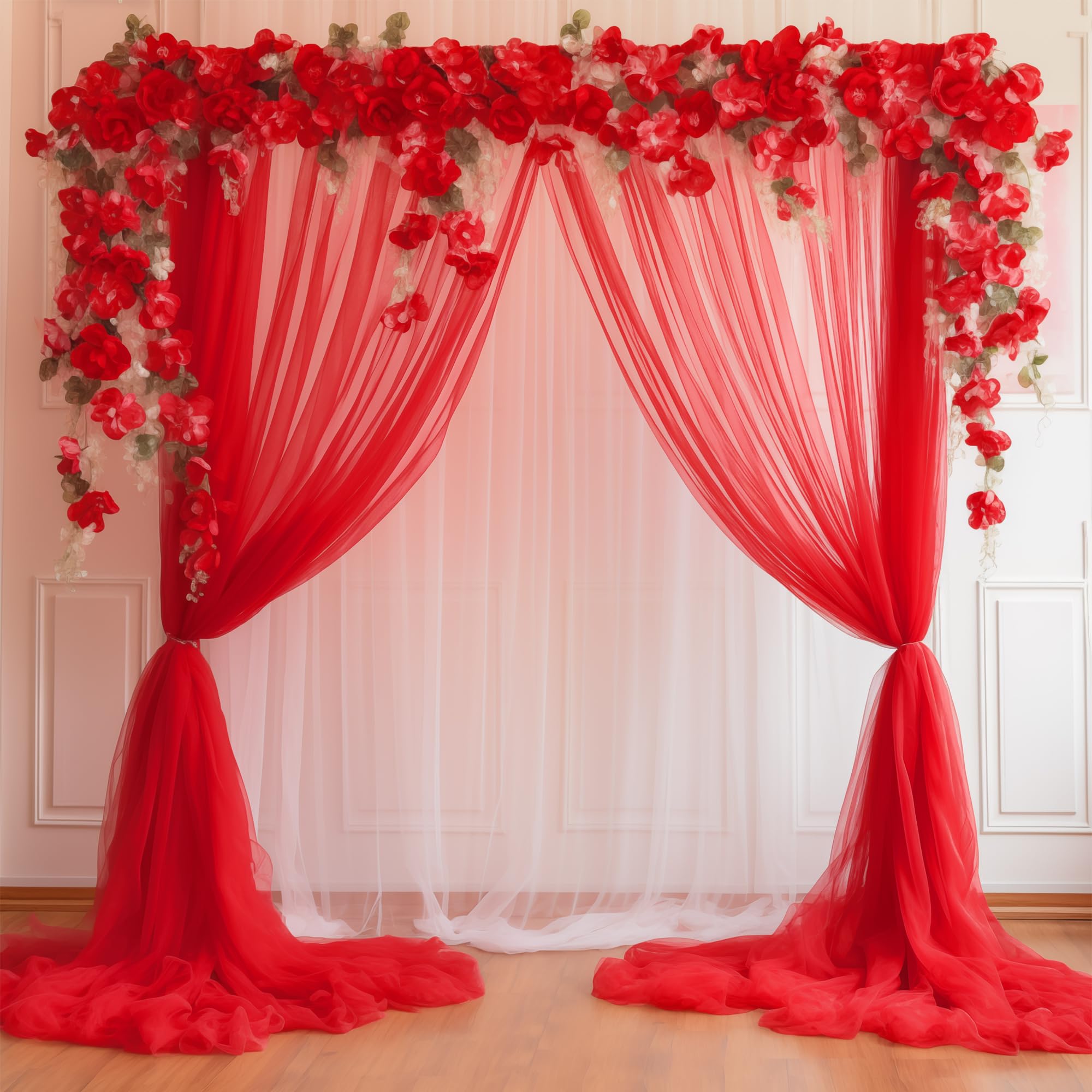 10X10 Red Tulle Backdrop Curtains For Parties, Sheer Backdrop Curtain Wedding Photo Backdrop Drapes For Baby Shower Photography