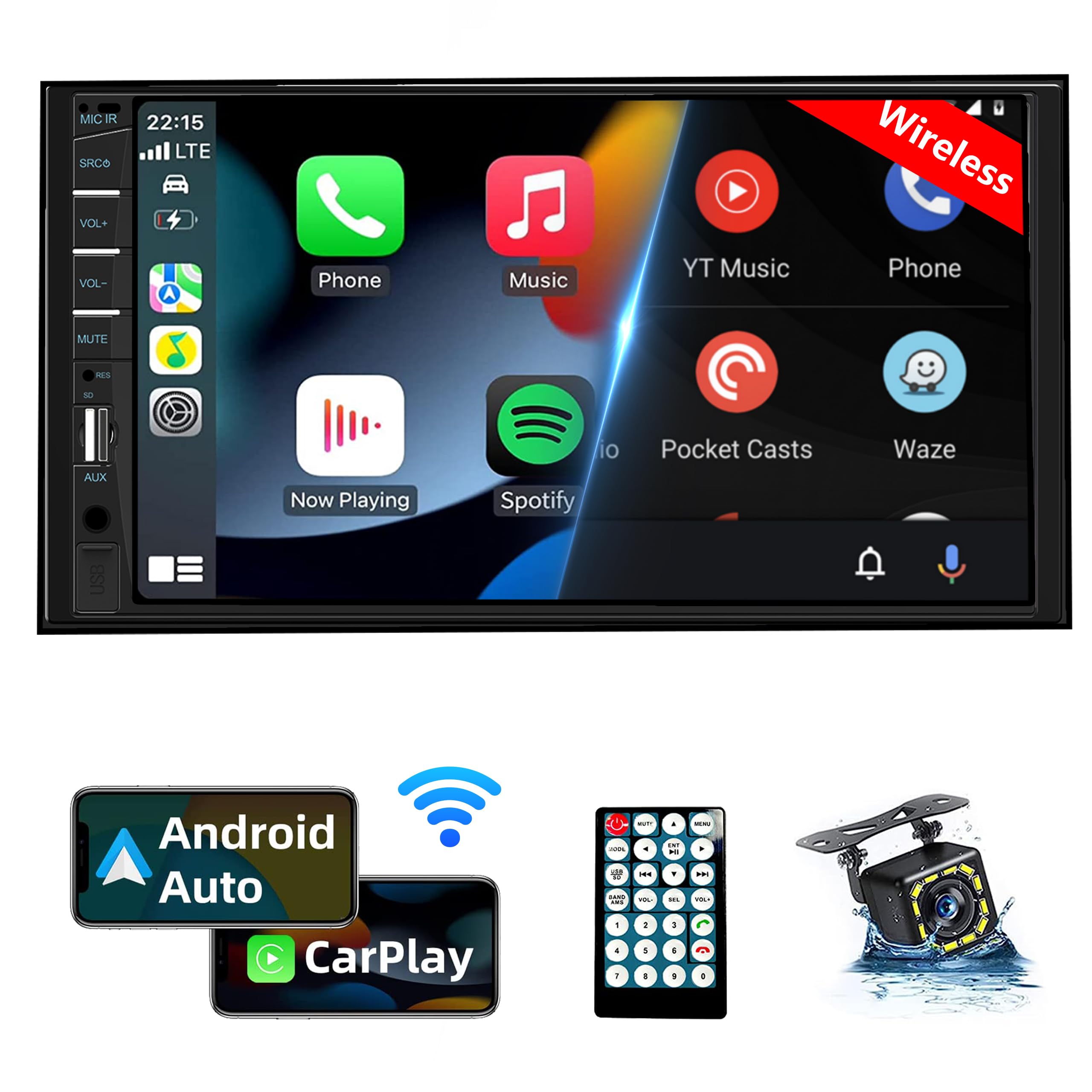 Naifay Double Din Car Stereo With Wireless Apple Carplay Android Auto, 7Inch Touchscreen Car Radio With Bluetooth, Car Audio Rec