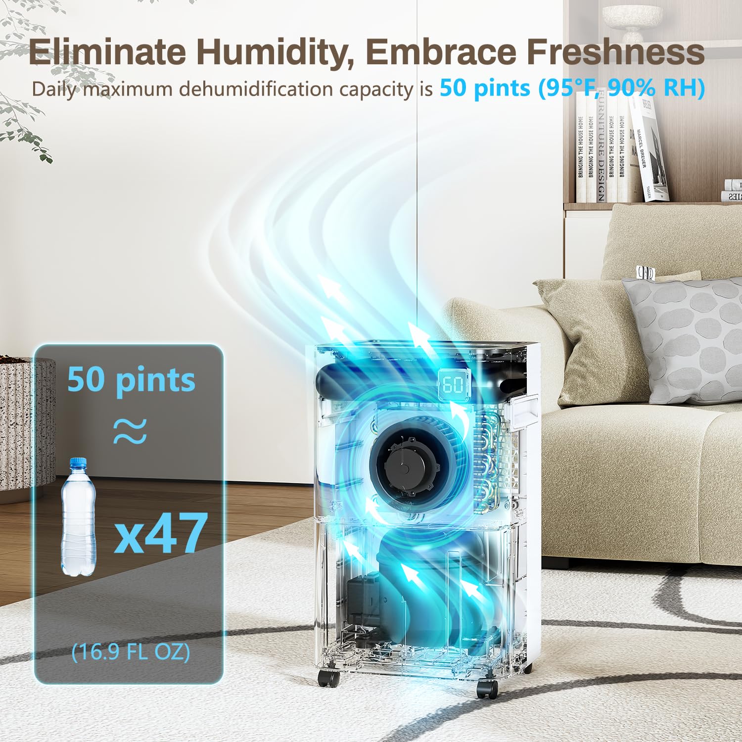 Wellsle 50 Pint Dehumidifier For Home Basements 3,500 Sq Ft Quiet Dehumidifier With Drain Hose, 0.66 Gallons Water Tank, Wheels