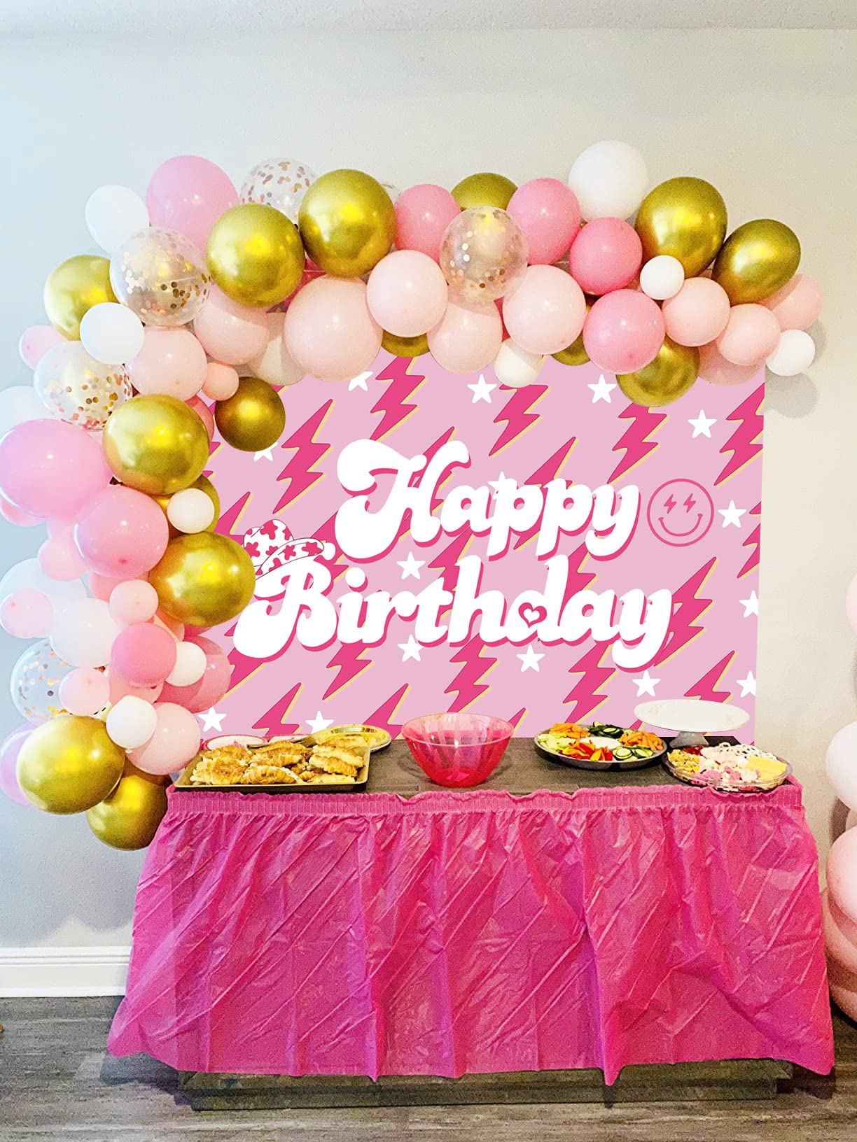 Preppy Backdrop Banner For Happy Birthday 7X5Ft Lightning Bolt Hot Pink Birthday Photography Background For Girls Women Large Pr