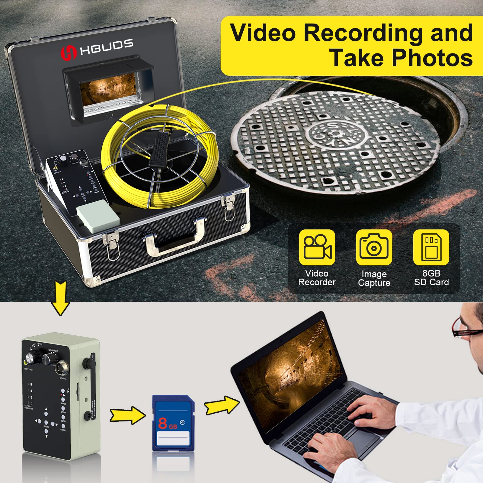 Pipe Pipeline Inspection Camera, Drain Sewer Industrial Endoscope Hbuds Waterproof Ip68 Snake Video System With 7 Inch Lcd Monit
