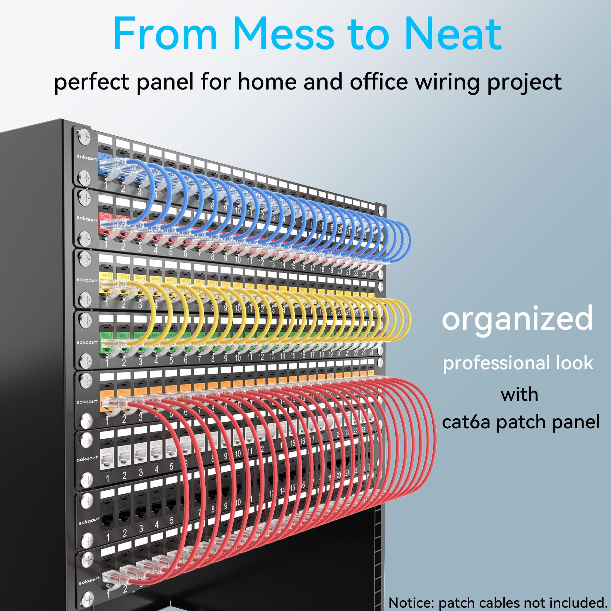 Sokqovt Patch Panel 24 Port Cat6A With Coupler Keystone, Cat6 Network Patch Panel 10G No Punch Down, Time Saver Ethernet 1U Rj45