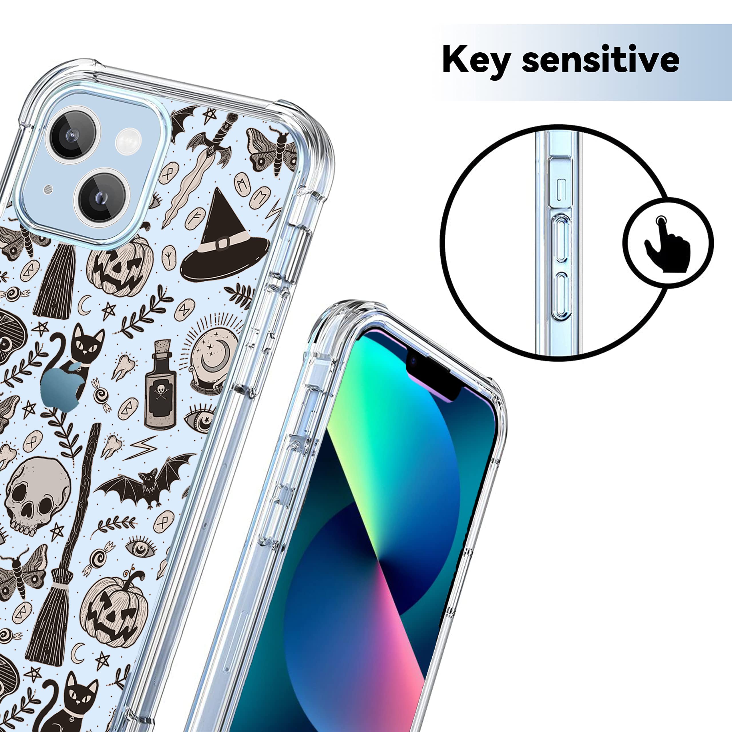 Vesidurt Black Halloween Clear Case For Iphone 13,Pumpkin Skull Bat Pattern For Men Women,Trendy Transparent Soft Tpu Bumper Cas