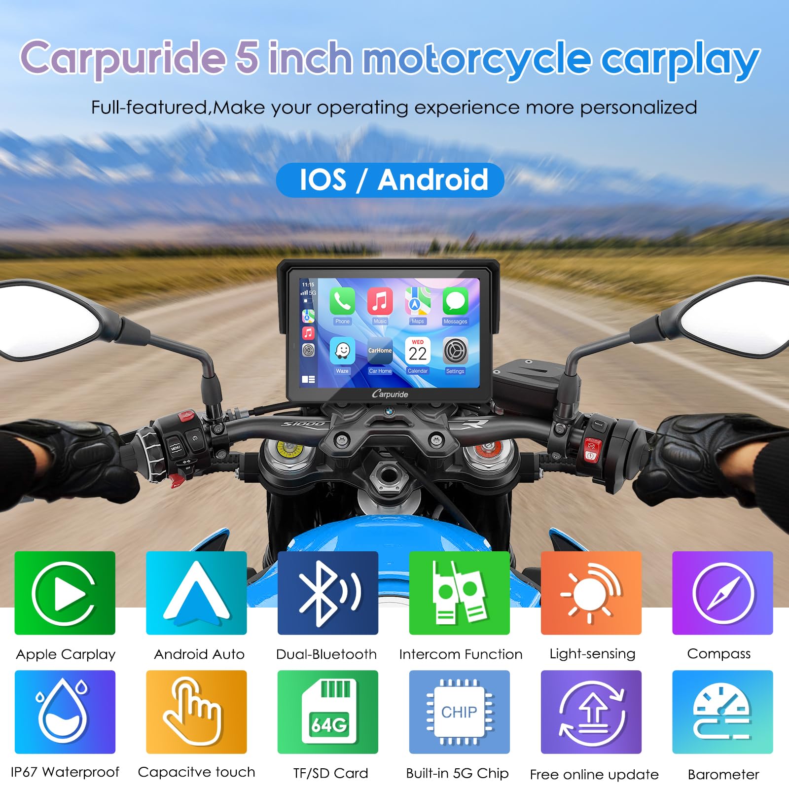 Carpuride W502B Pro For B.M W Motorcycle Carplay & Android Auto & Dual Bluetooth, 5'' Waterproof Gps Navigation Screen For Motor