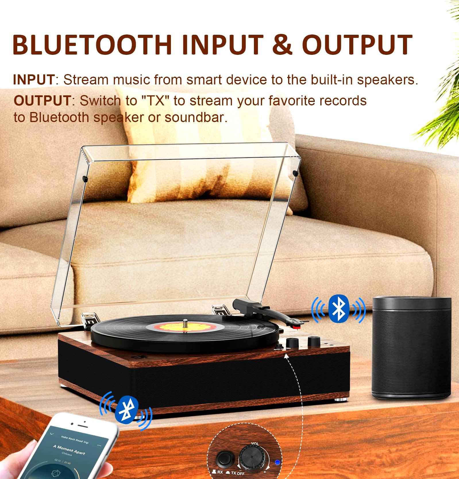 Vintage Record Player With Built In Speakers, Wireless Bluetooth Input/Output Turntable 3 Speed Vintage Vinyl Lp Player With Ful