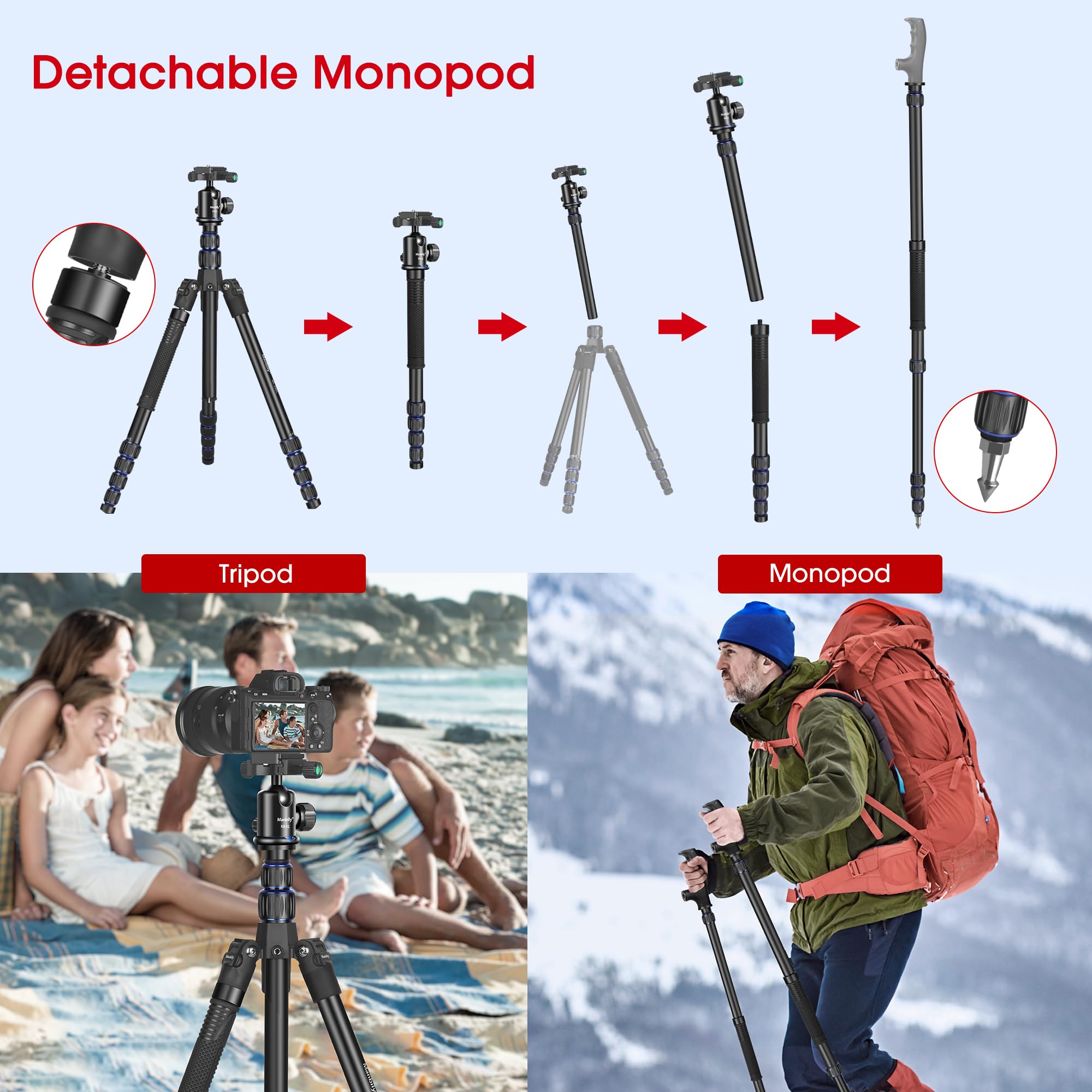 Camera Tripod, Manbily 74' Aluminum Travel Tripod Monopod Stand For Camera Dslr Phone, 360� Ball Head W Handle And Extra 1/4' Qr Plate, Payload 17.6Lbs, Compatible With Canon Nikon Sony