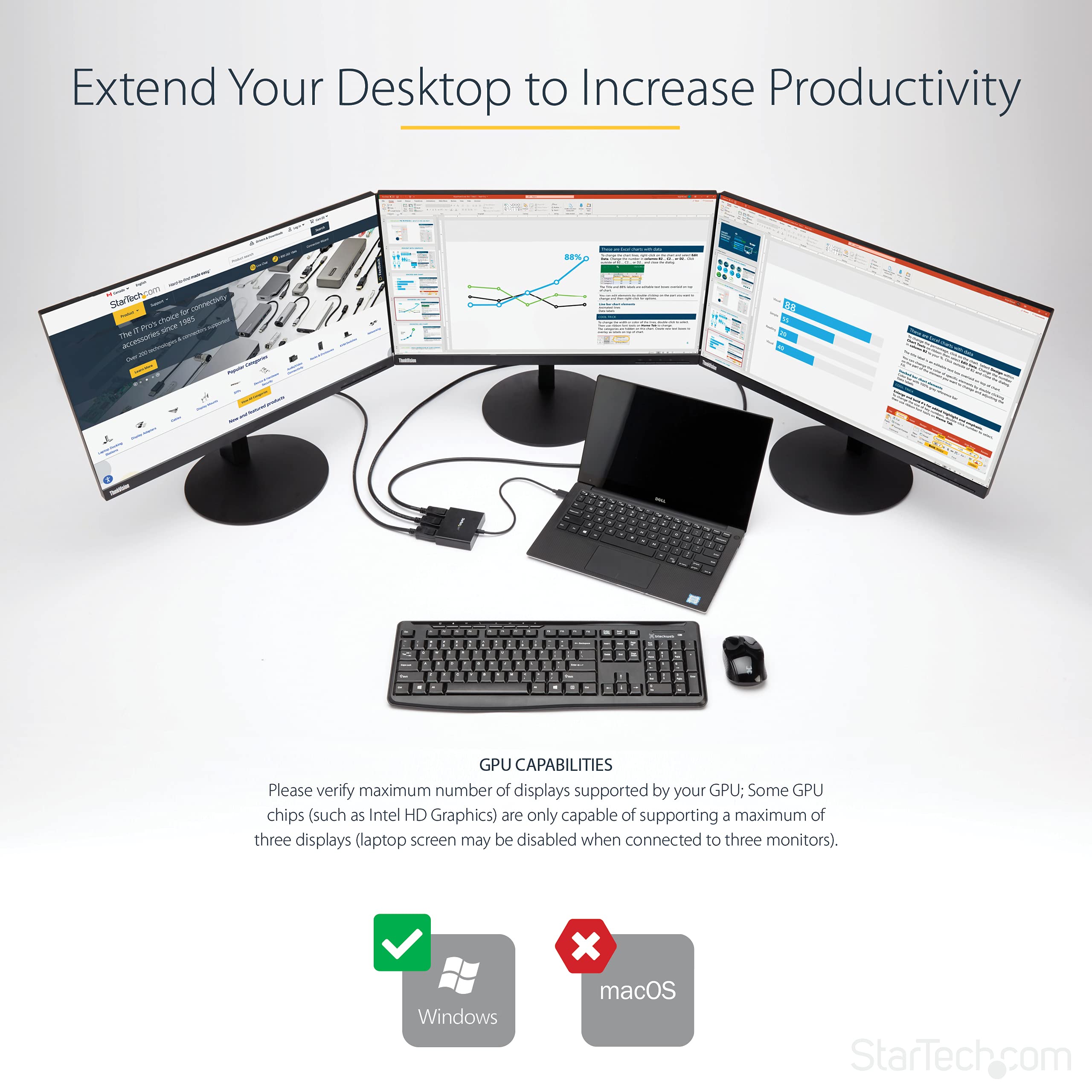 Startech.Com 3-Port Multi Monitor Adapter - Displayport 1.2 To 3X Hdmi Mst Hub - Triple 1080P Hdmi Monitors - Extended Or Cloned