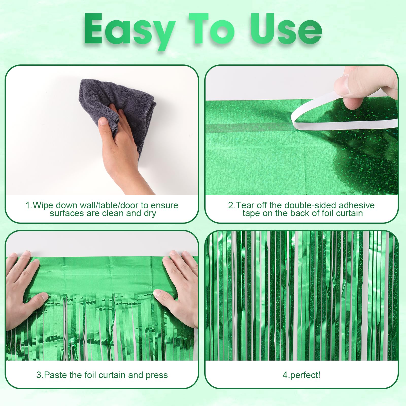Voircoloria 3 Pack 3.3 X 8.2 Ft Laser Green Foil Fringe Backdrop Curtains, Tinsel Streamers Birthday Party Decorations, Fringe B
