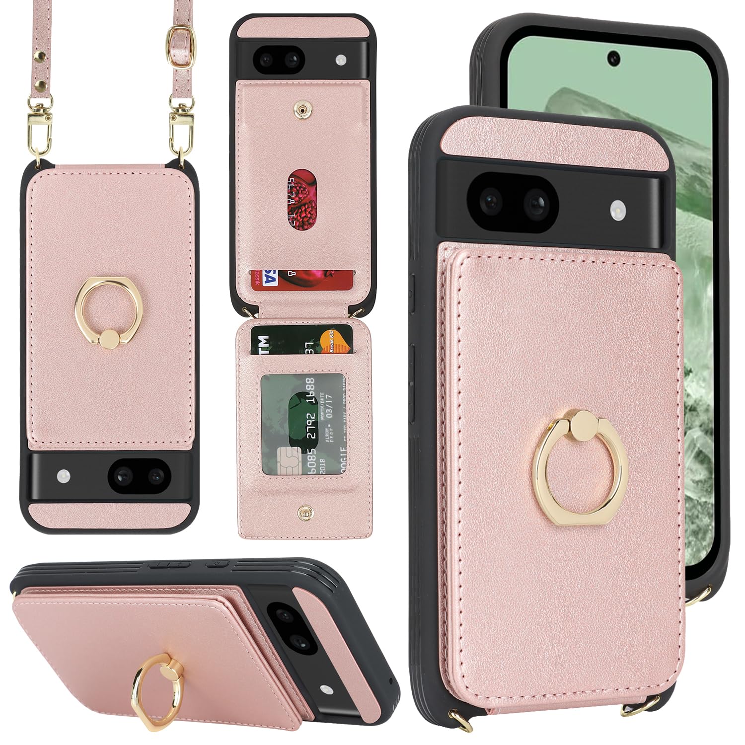 Lipvina For Google Pixel 8A Case With Card Holder And Strap For Women,Crossbody Lanyard,Ring Stand,Snap Clasp,Phone Wallet Cases