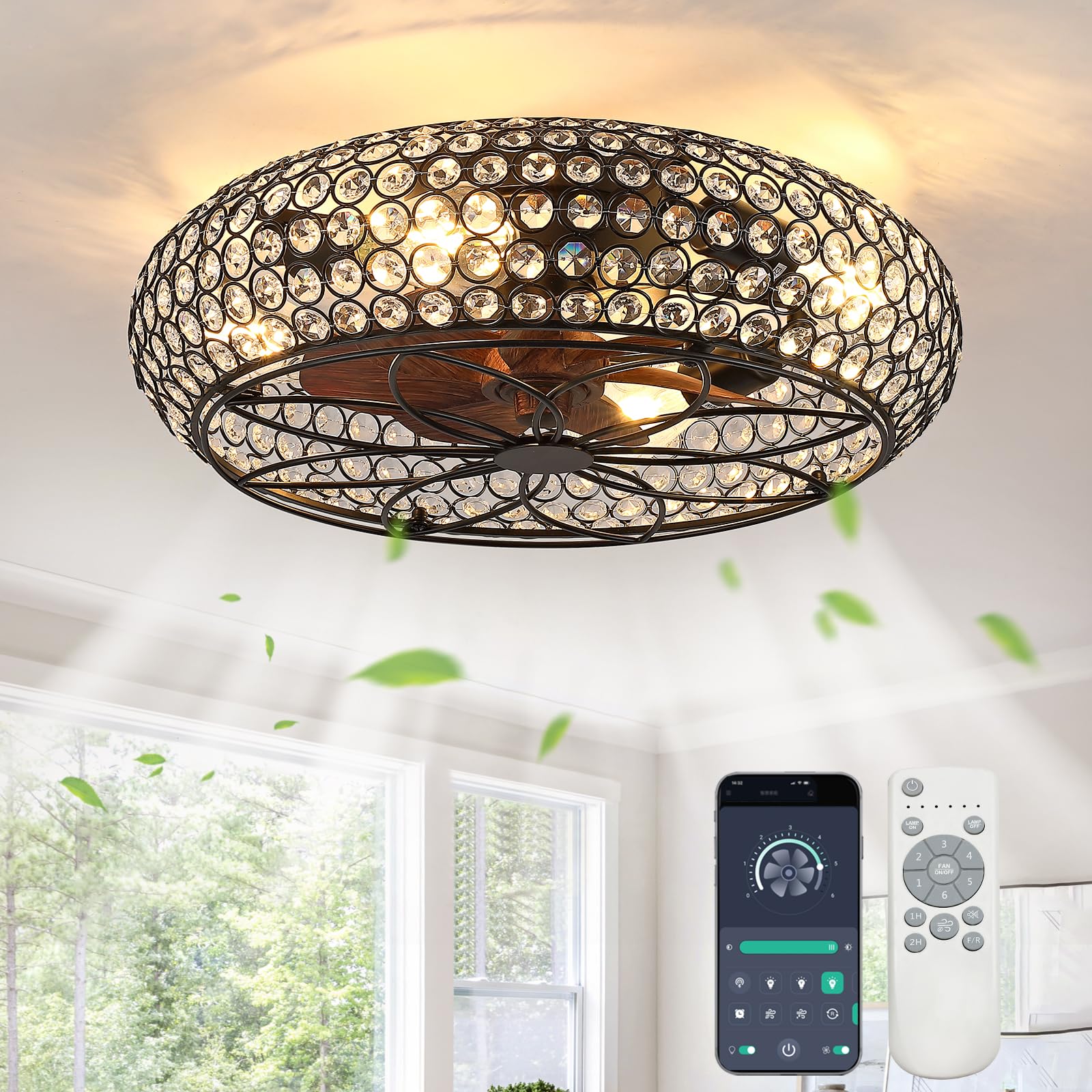 Modern Chandelier Crystal Ceiling Fans with Lights and Remote, 20-Inch Low Profile Bladeless Flush Mount Caged Ceiling Fan for B