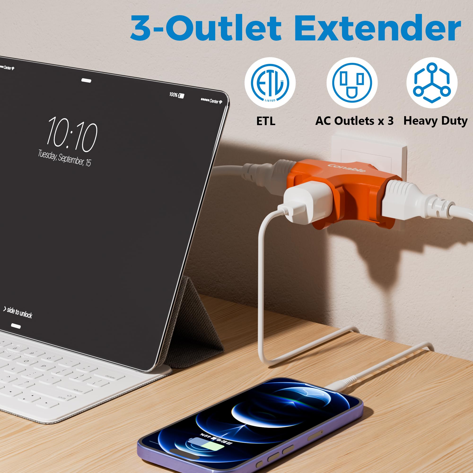 3 Outlet Adapter, 3 Prong Plug Extender, Heavy Duty Grounded Power Tap 3 Way Splitter Adapter, Electric Outlet Expander Sideways