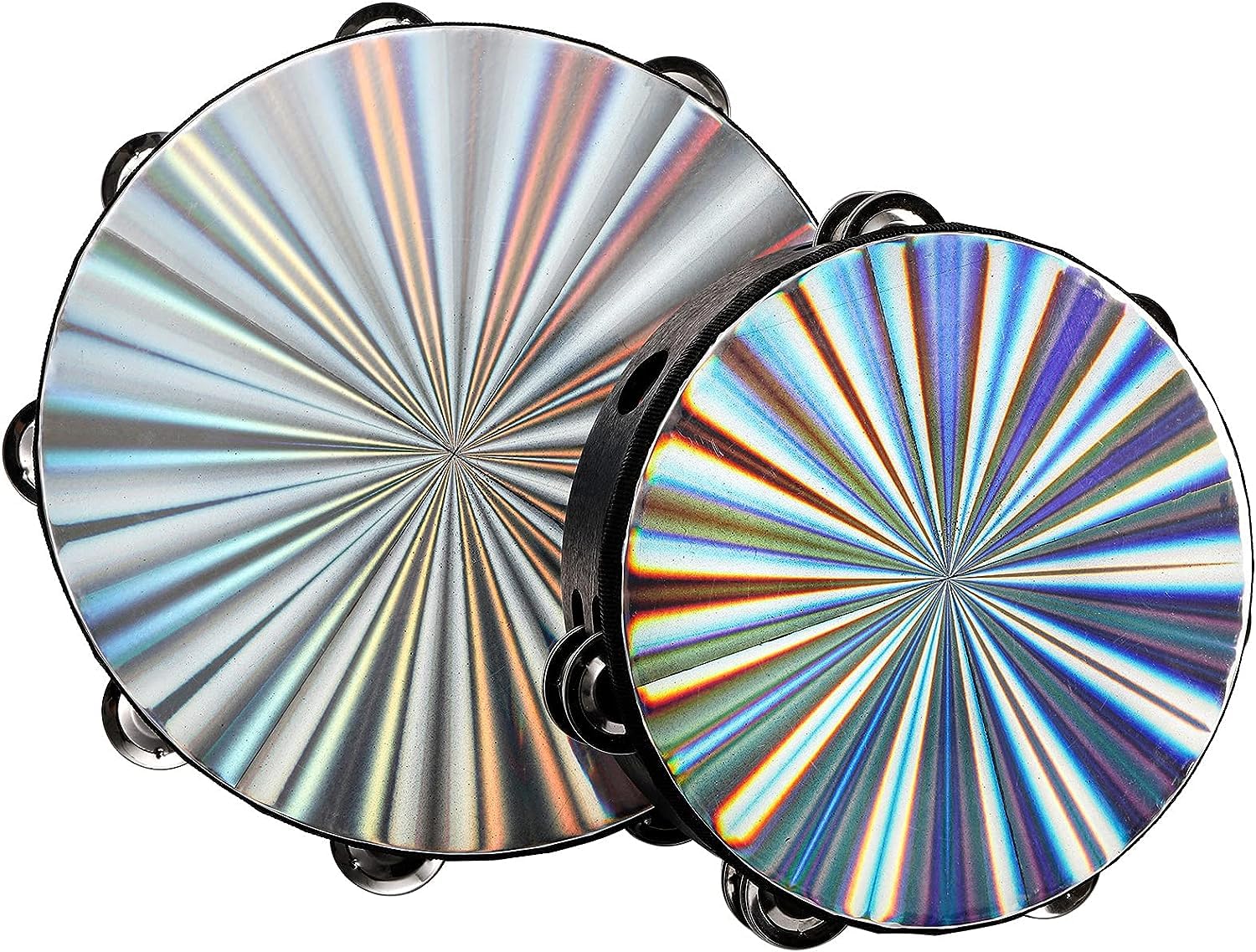 Youeon 2 Pack Radiant Tambourine With Double Row Jingles, 8/10 Inch Wood Handbell Music Reflective Drum, Hand Drum Percussion In