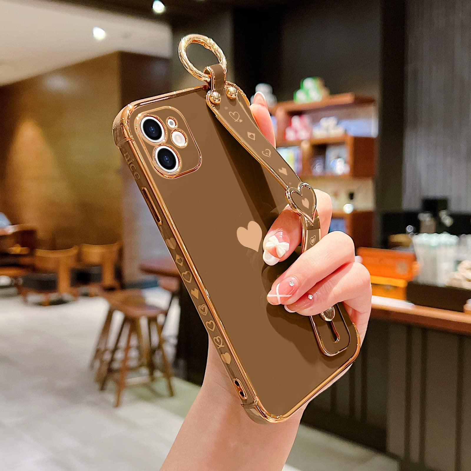 Llz.Coque For Iphone 11 Case Cute Love Heart Plating Wristband Phone Cover For Women Girls Bling Soft Silicone Camera Lens Prote