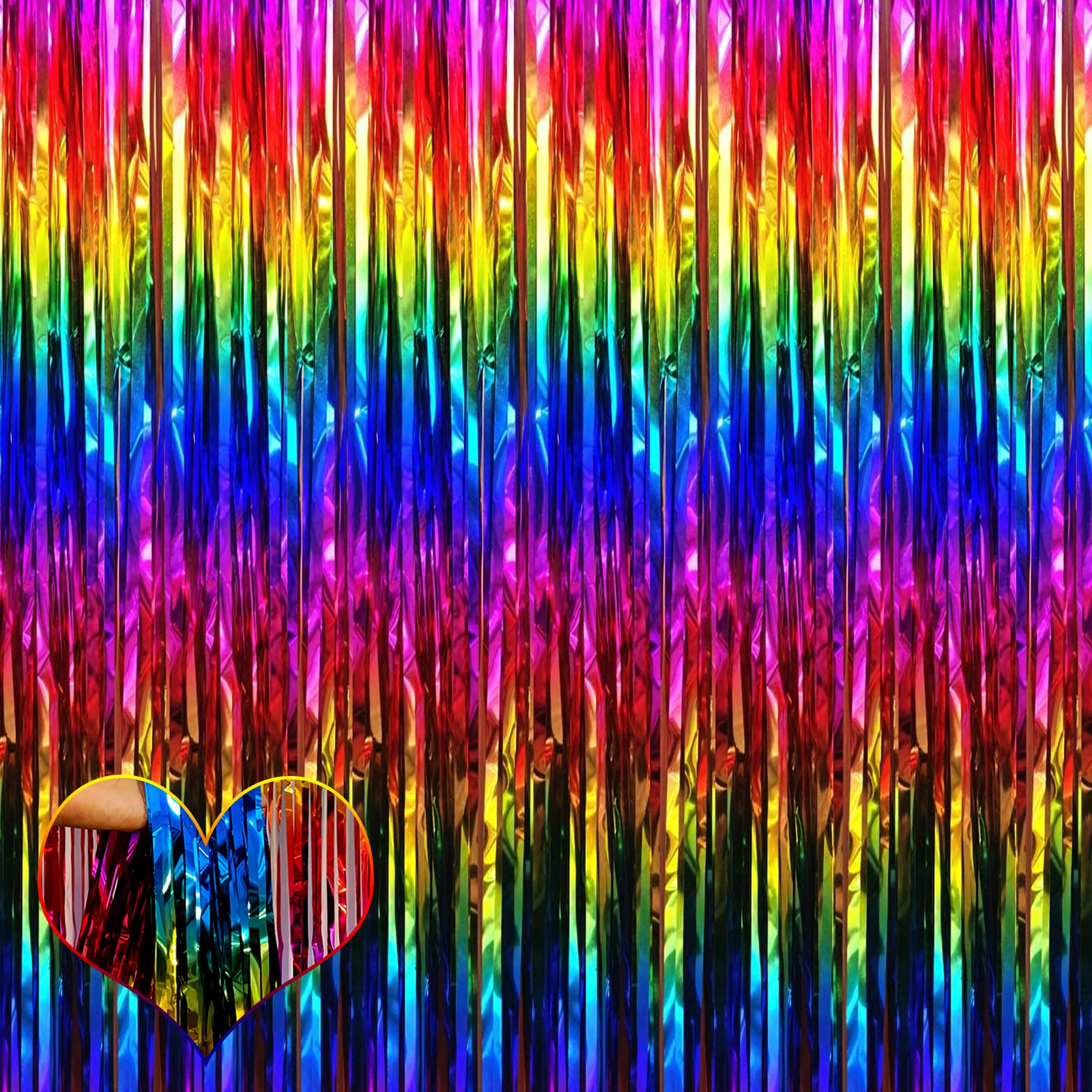 4 Pack Rainbow Fringe Curtain Backdrop, 3.2Ft X 9.8Ft Colorful Metallic Tinsel Foil Fringe Streamers For Photo Booth Birthday We
