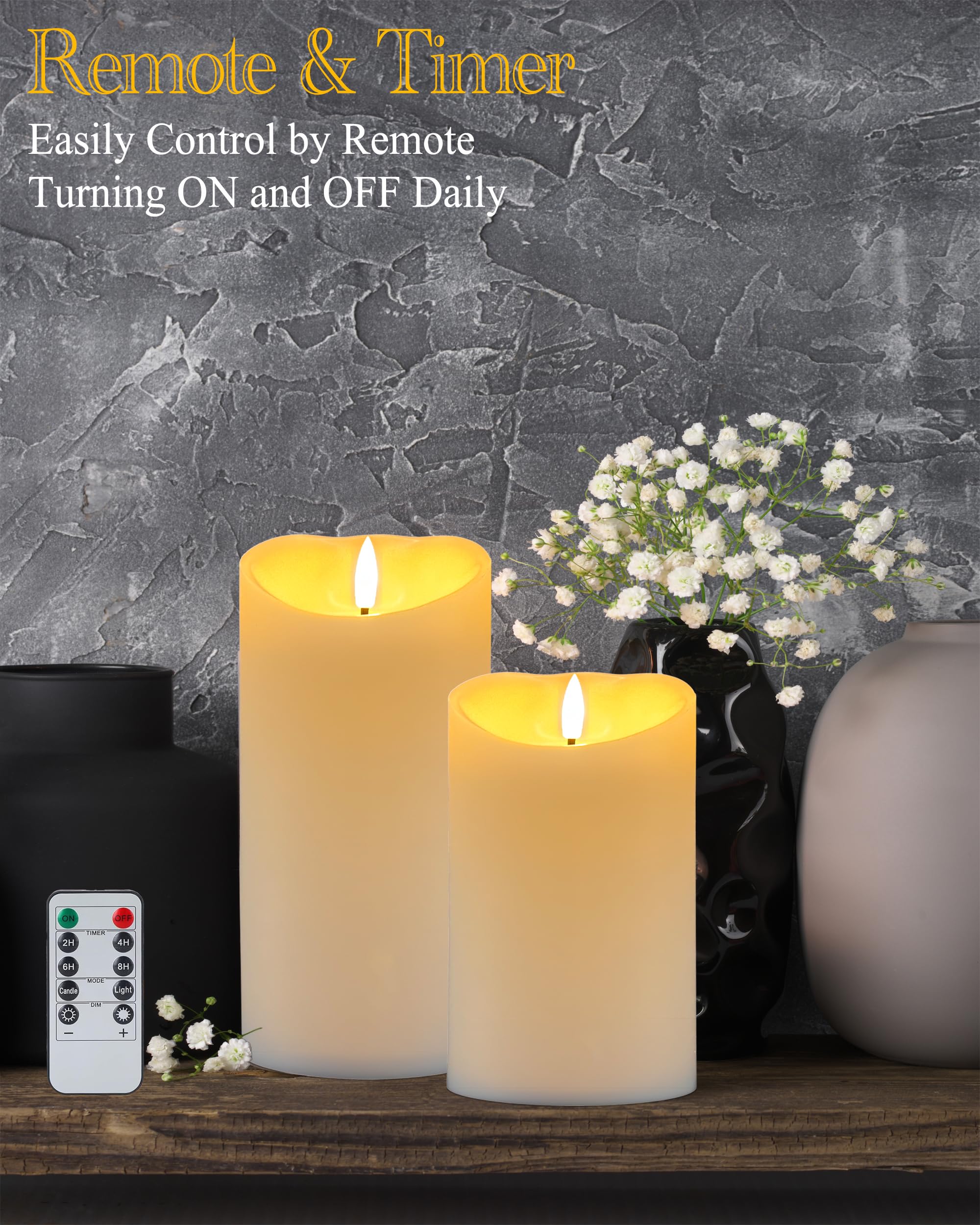 Gmnee 4''X8'' Flickering Flameless Candles With Remote Timer, 4'' Diameter Extra Large White Pillar, Wax, 2 Pack Tall Led Batter
