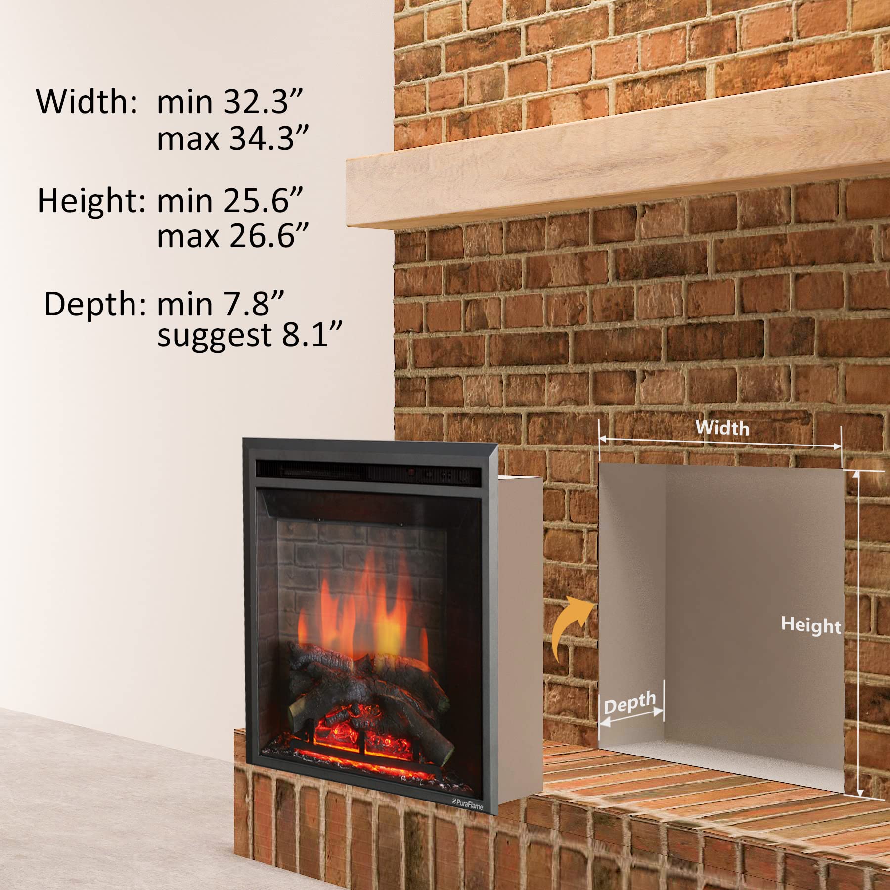 Puraflame Western Electric Fireplace Insert With Fire Crackling Sound, Remote Control, 750/1500W, Black, 33 1/16 Inches Wide, 25