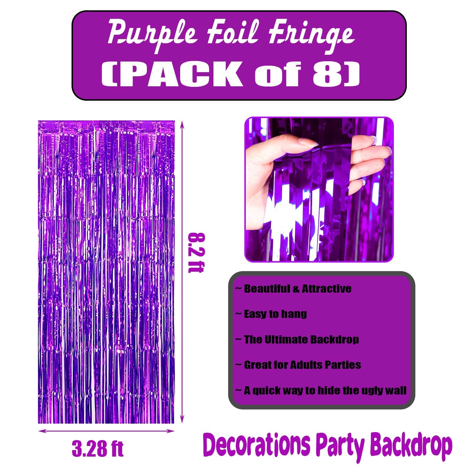8 Pack Purple Tinsel Foil Fringe Curtain Backdrop, 3.28Ft X 8.2Ft Metallic Streamers For Photo Booth, Birthday, Wedding, Valenti