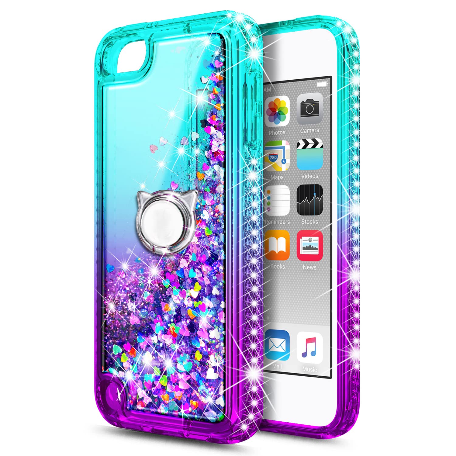 Ngb Ipod Touch 7 Case, Ipod Touch 6/5 Case With Hd Screen Protector And Ring Holder For Girls Women Kids, Glitter Liquid Cute Ca