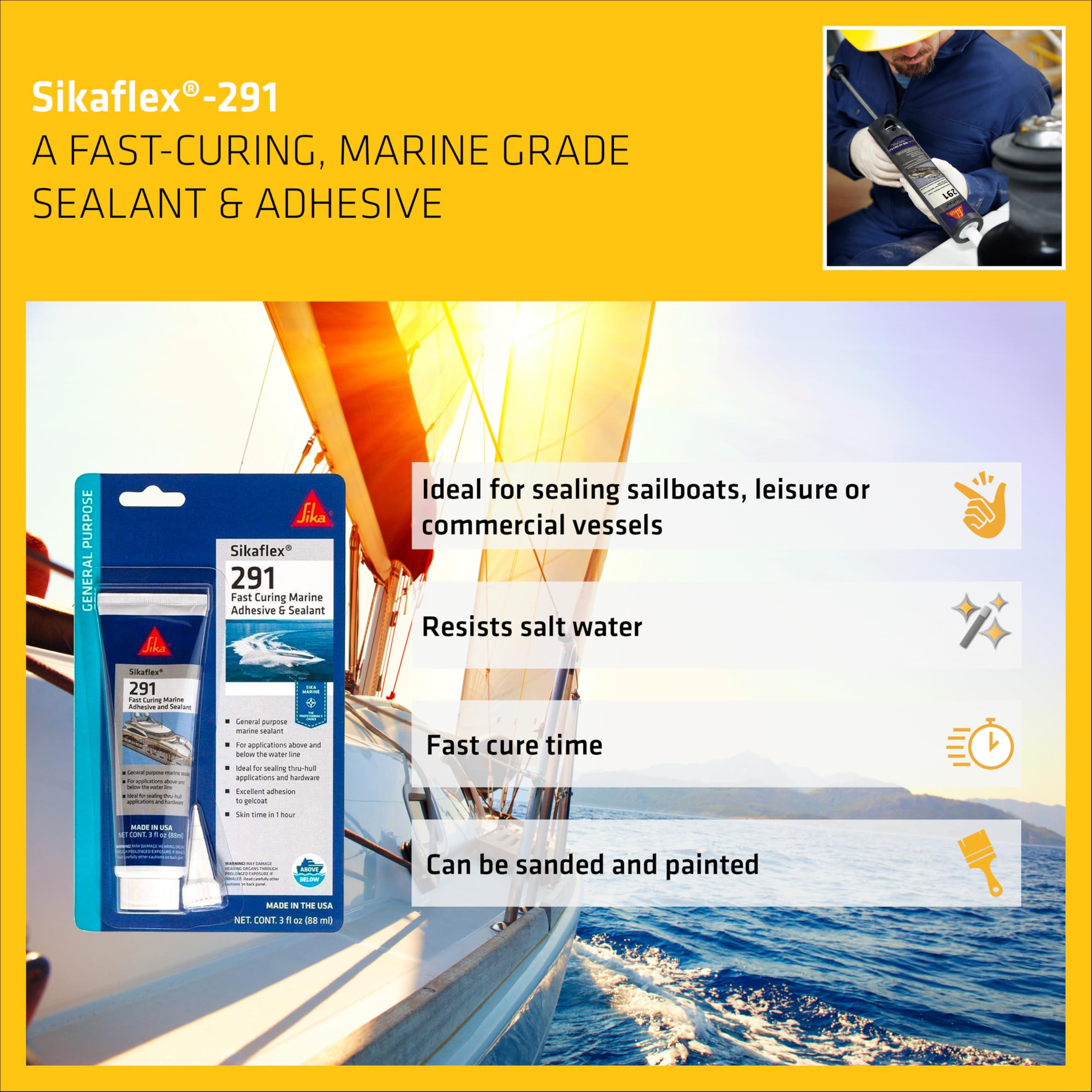 Sikaflex-291, Black, General All-Purpose Fast Cure Marine Adhesive And Sealant. Polyurethane Sealant For Boats, 3 Fl. Oz Tube,WBIASB089SDNLF6