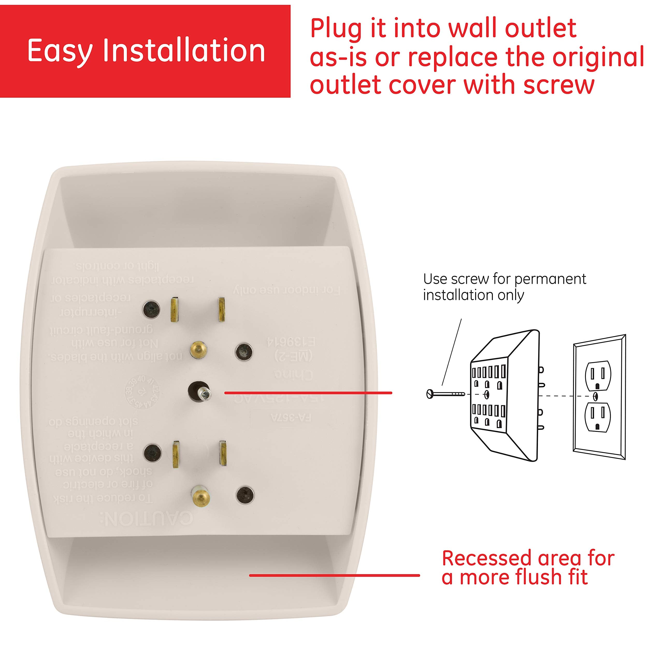 Ge 6 Outlet Extender Wall Tap, Grounded Adapter, Charging Station, 3 Prong, Secure Install, Ul Listed, Light Almond, 54946