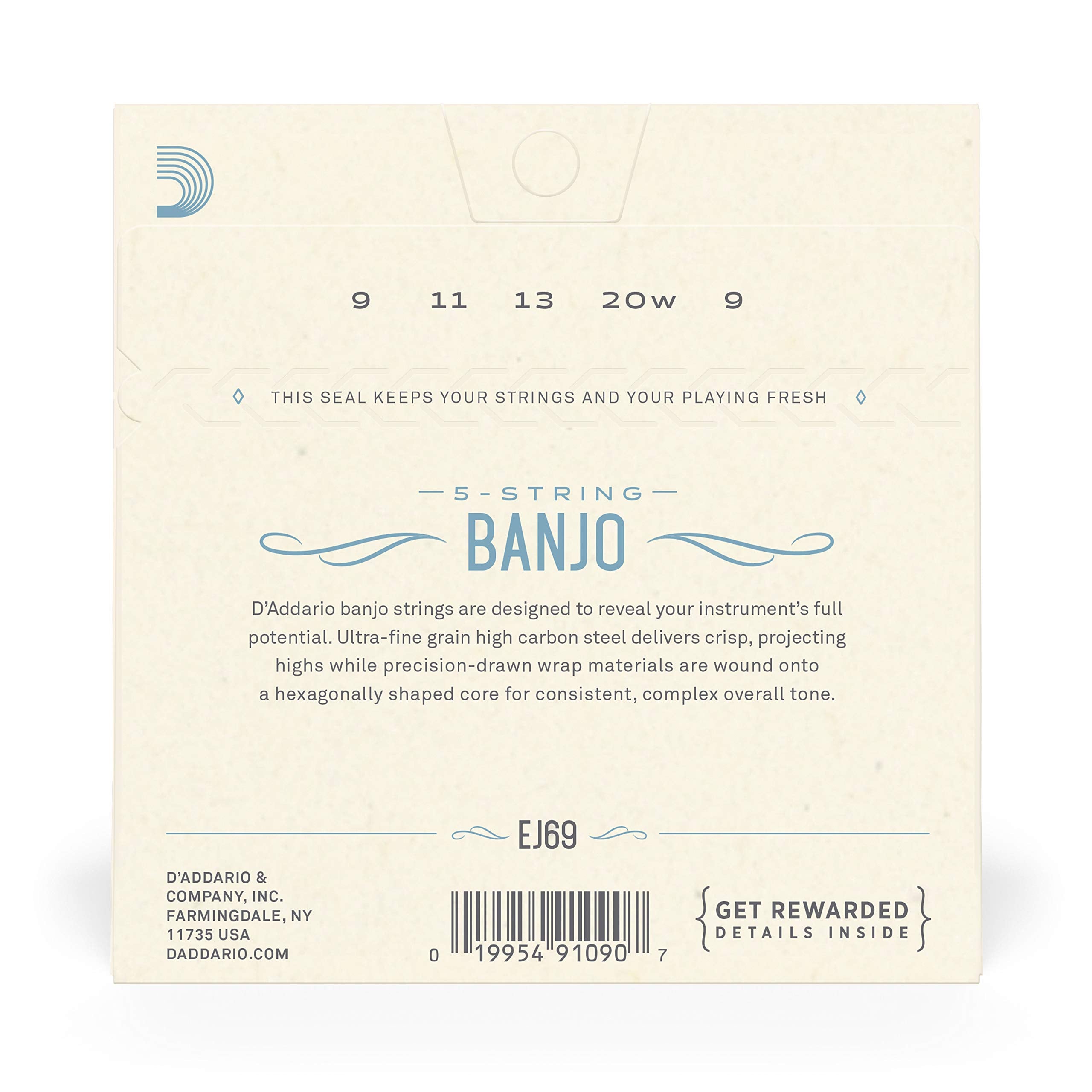 D'Addario Banjo Strings, Phosphor Bronze, Ej69, Light Gauge 9 20, 5 String Set, Pack Of 1