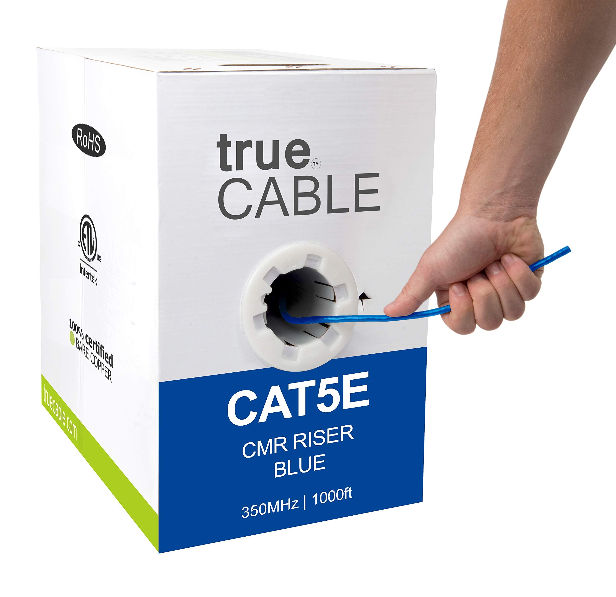 Truecable Cat5E Riser (Cmr), 1000Ft, Blue, 24Awg 4 Pair Solid Bare Copper, 350Mhz, Poe++ (4Ppoe), Etl Listed, Unshielded Twisted Pair (Utp), Bulk Ethernet Cable