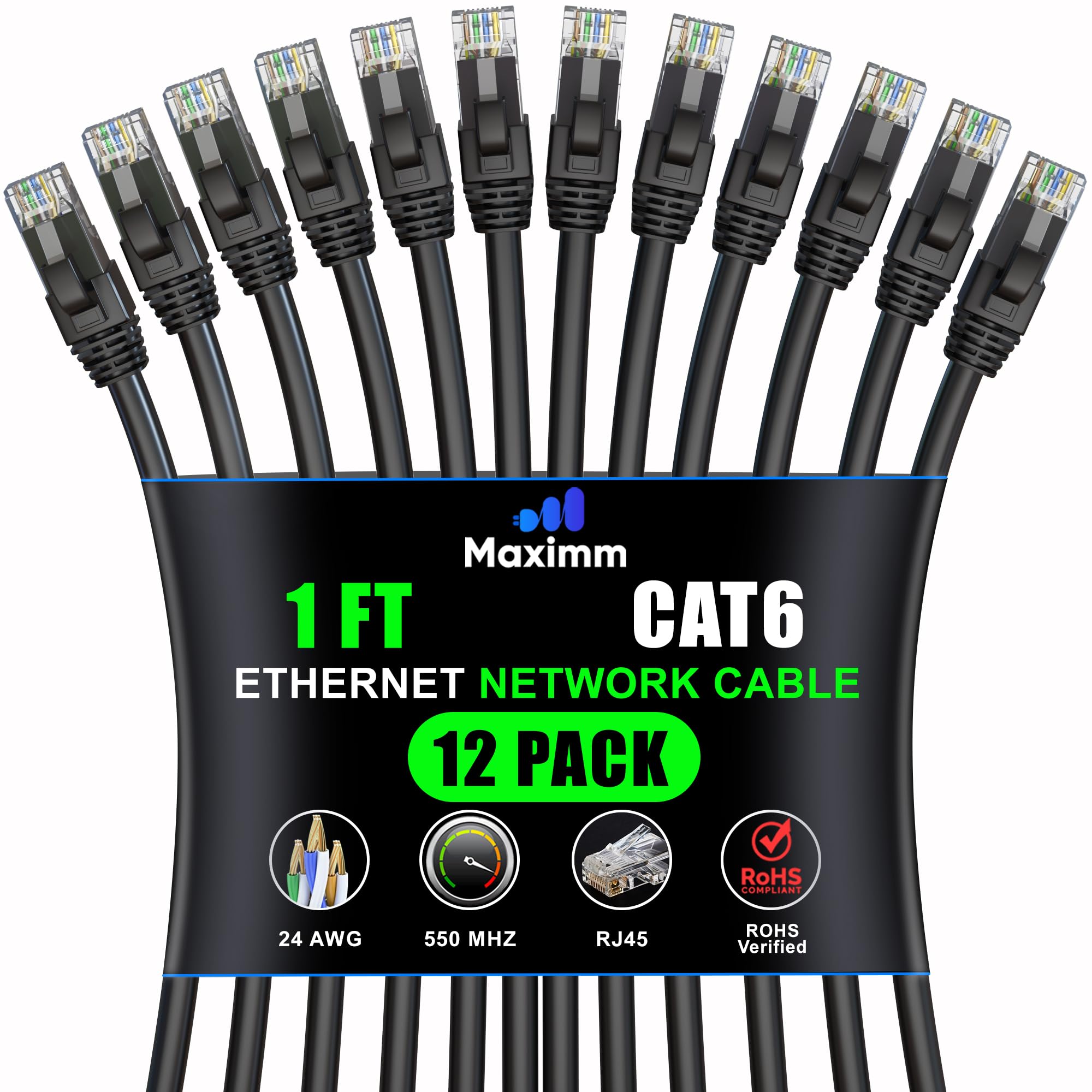 Maximm Cat 6 Ethernet Cable 1 Ft (12 Pack)   High Speed Lan Cable, Internet Cable, Patch Cable, And Network Cable   Utp, 10Gbps, 550Mhz Ethernet Cord   Black