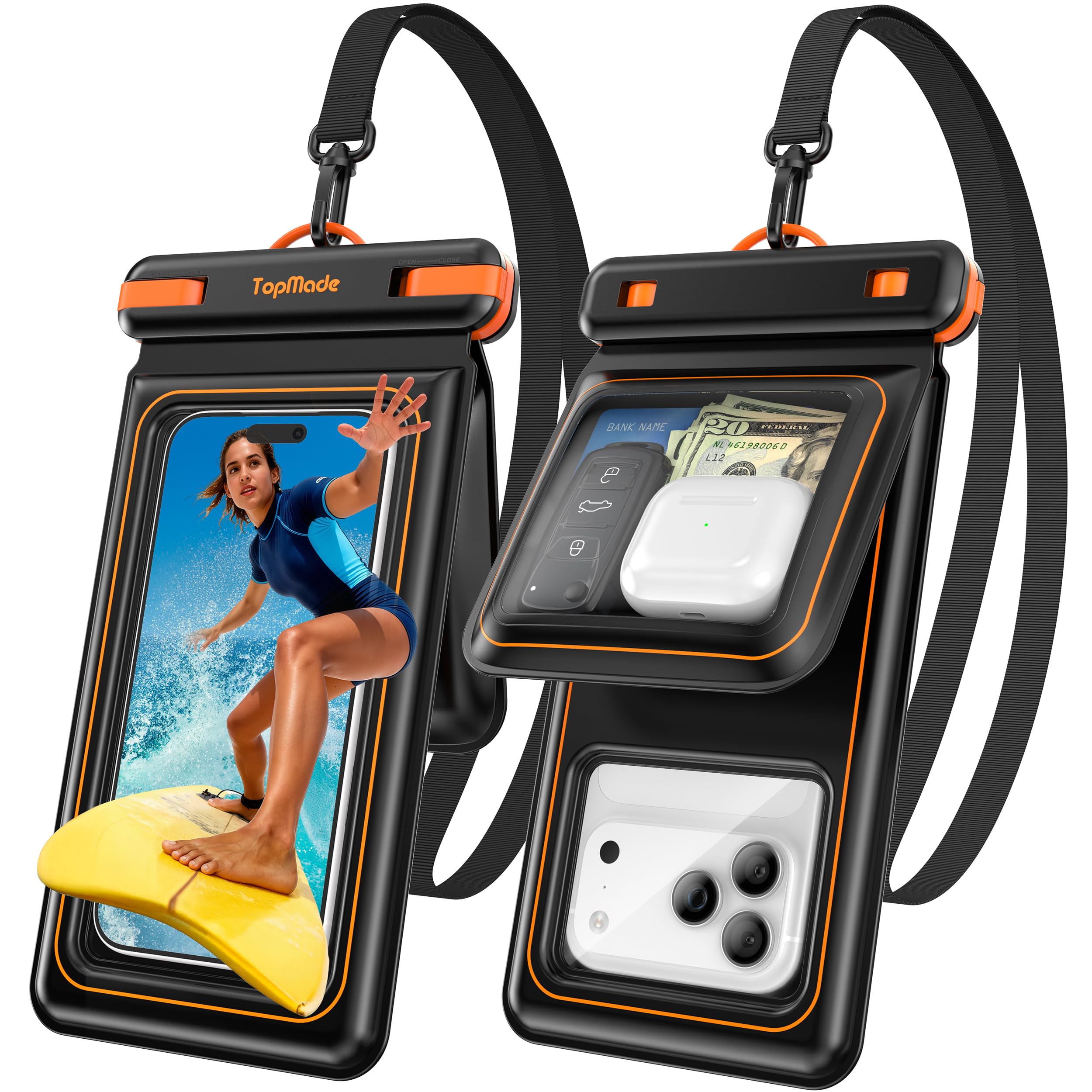 TopMade IP68 Waterproof Phone Pouch Floating with Double Space, 2 Pack