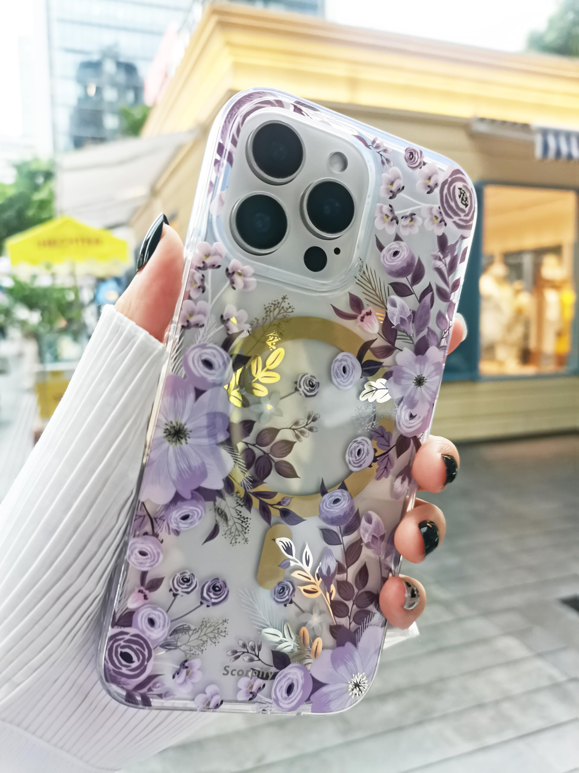 Scorpify For Iphone 16 Pro Max Case [Compatible With Magsafe] With Purple Nemophila Floral Design, Cute Clear Flower Magnetic Ph