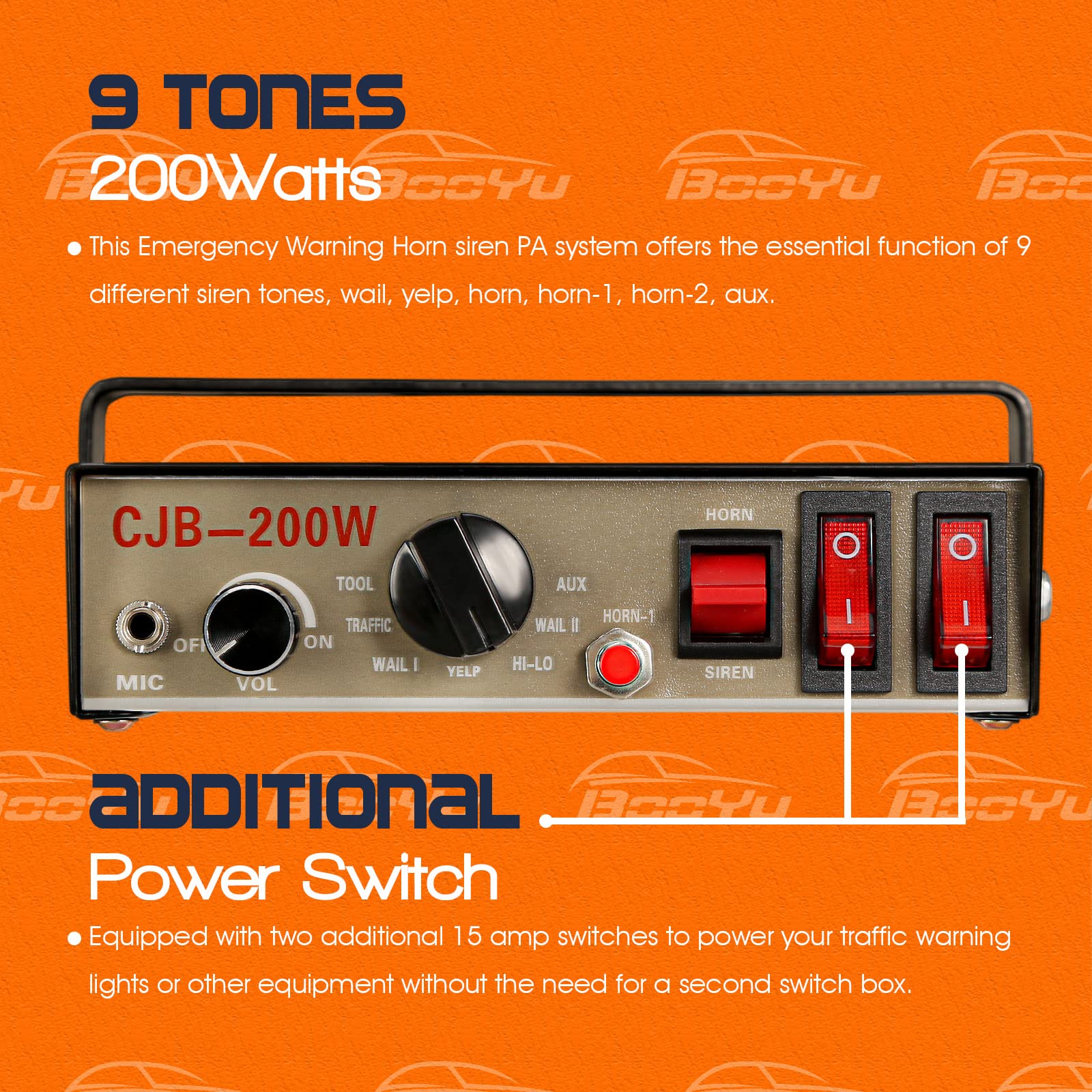 Booyu 12V 200W 9 Tones Police Emergency Warning Siren Pa System [Handheld Microphone][Hands Free][2 X 10A Switches] Capable With