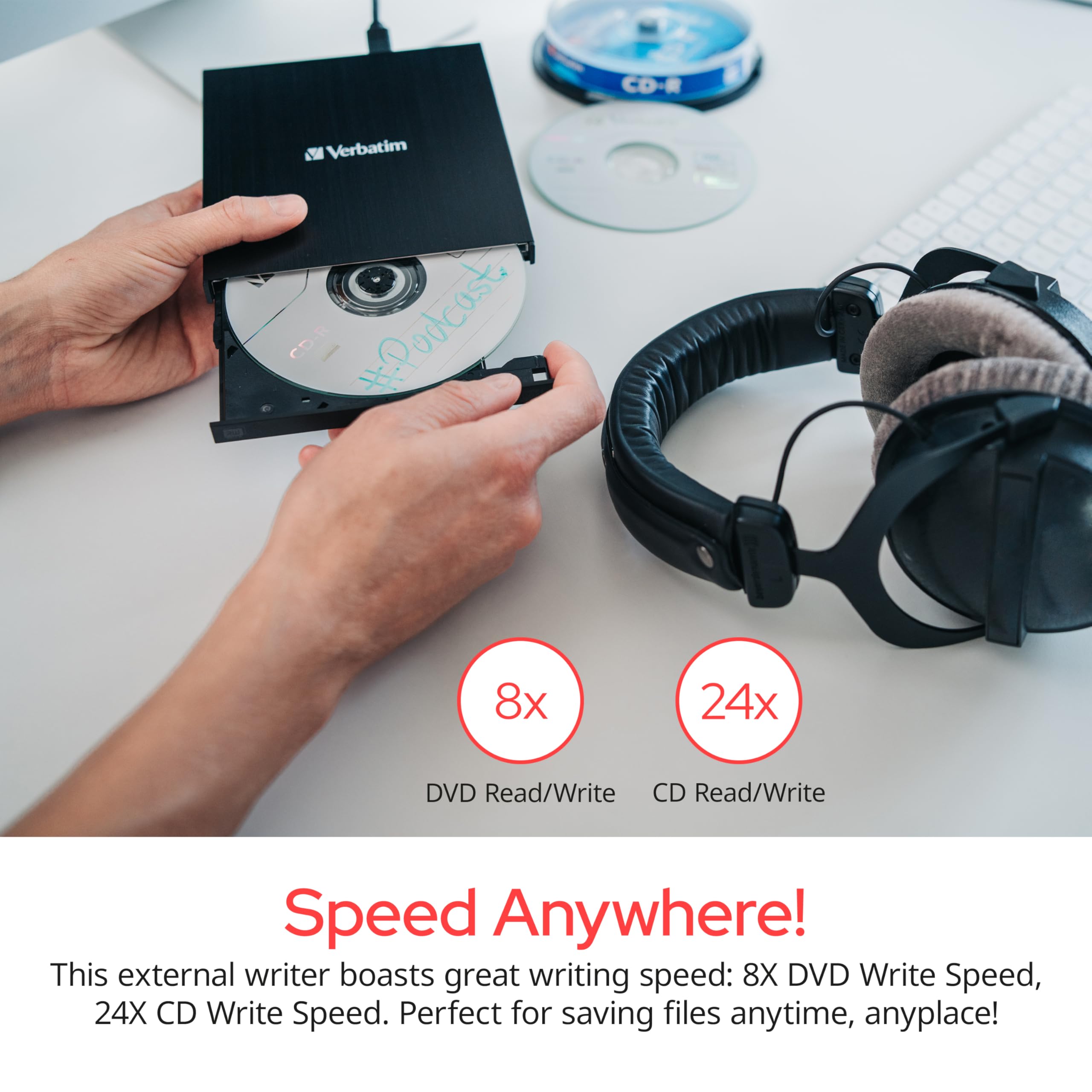 Verbatim Slimline Cd / Dvd Drive - External Usb 2.0 Cd Dvd +/-Rw Burner For Laptops And Notebooks With M-Disc Support - Mac & Pc