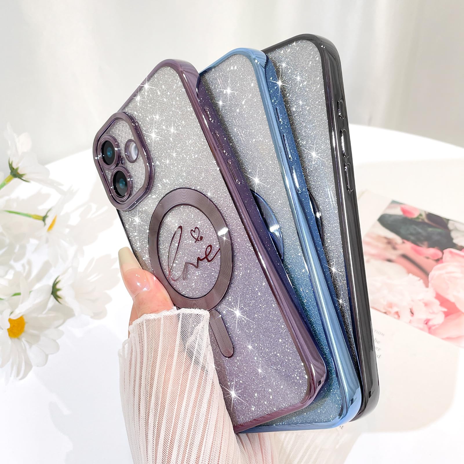 Fiyart Designed For Iphone 16 Plus Case,Compatible With Magsafe Love Hearts Plating Camera Protection Clear Phone Case, Magnetic