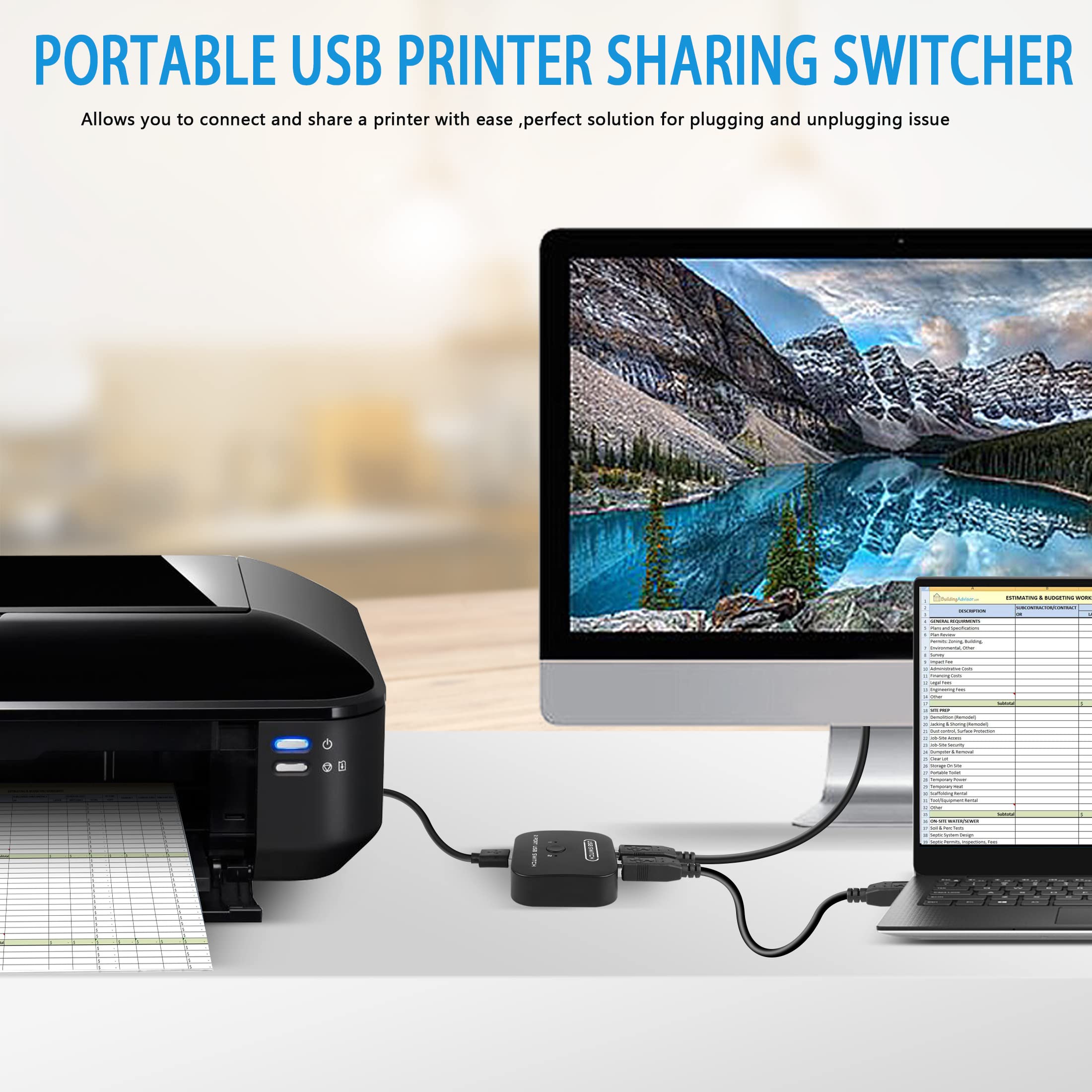 Riieyoca Usb Printer Sharing Kvm Switch,Printer Splitter For Two Devices, Automatic Switching Without Drivers.Share Keyboard Mou