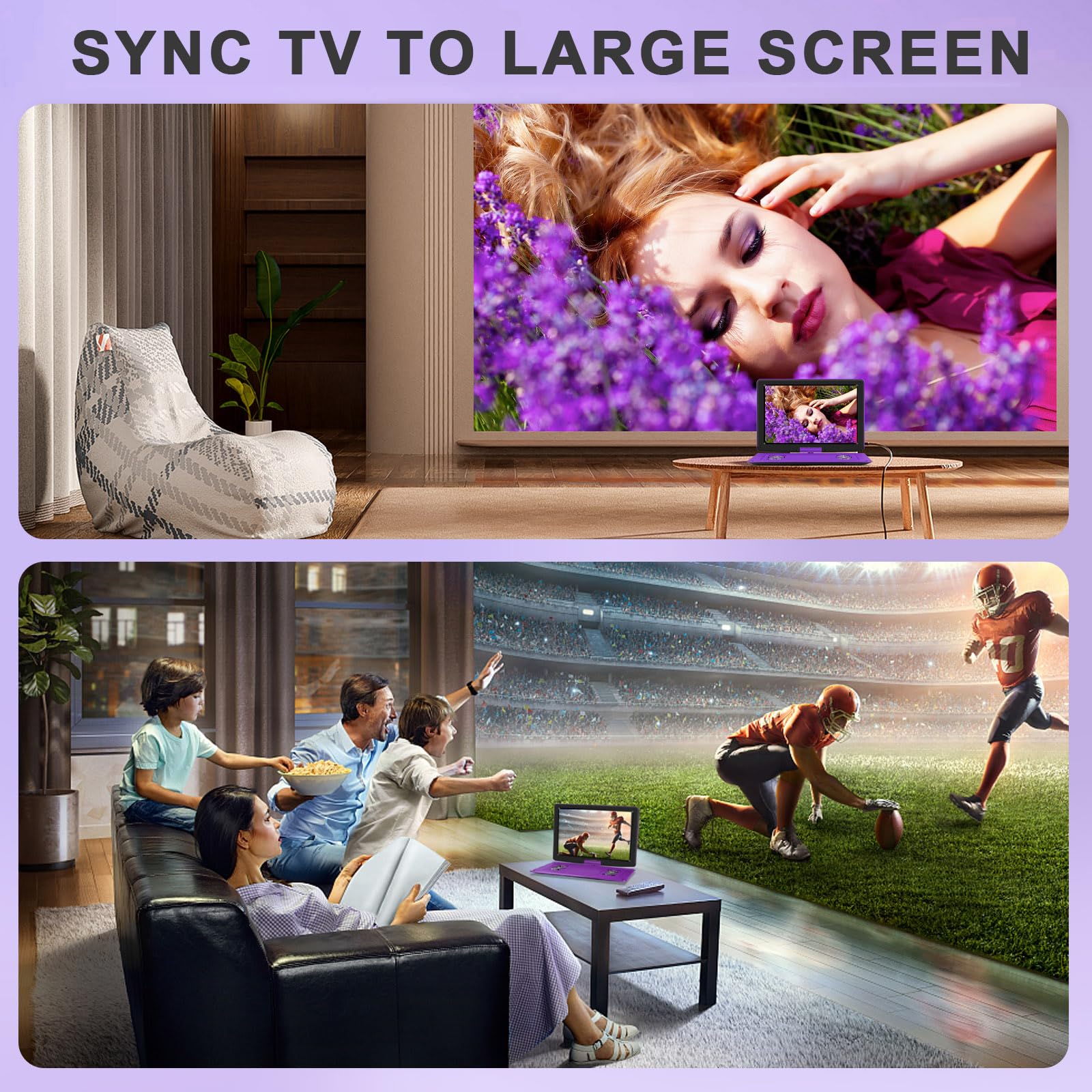 17.5'' Portable Dvd Player With 15.6'' Large Hd Screen, 6 Hours Rechargeable Battery, Support Usb/Sd Card/Sync Tv, Multiple Disc