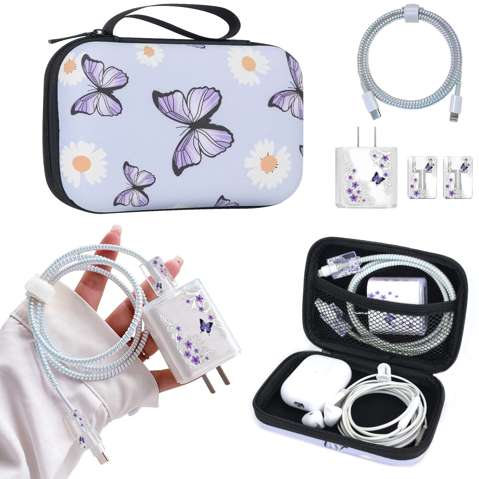 Cute Phone Charger Storage Case Set With Carrying Bag Purple Flowers Floral Butterfly Pattern Cable Protector Accessories Travel