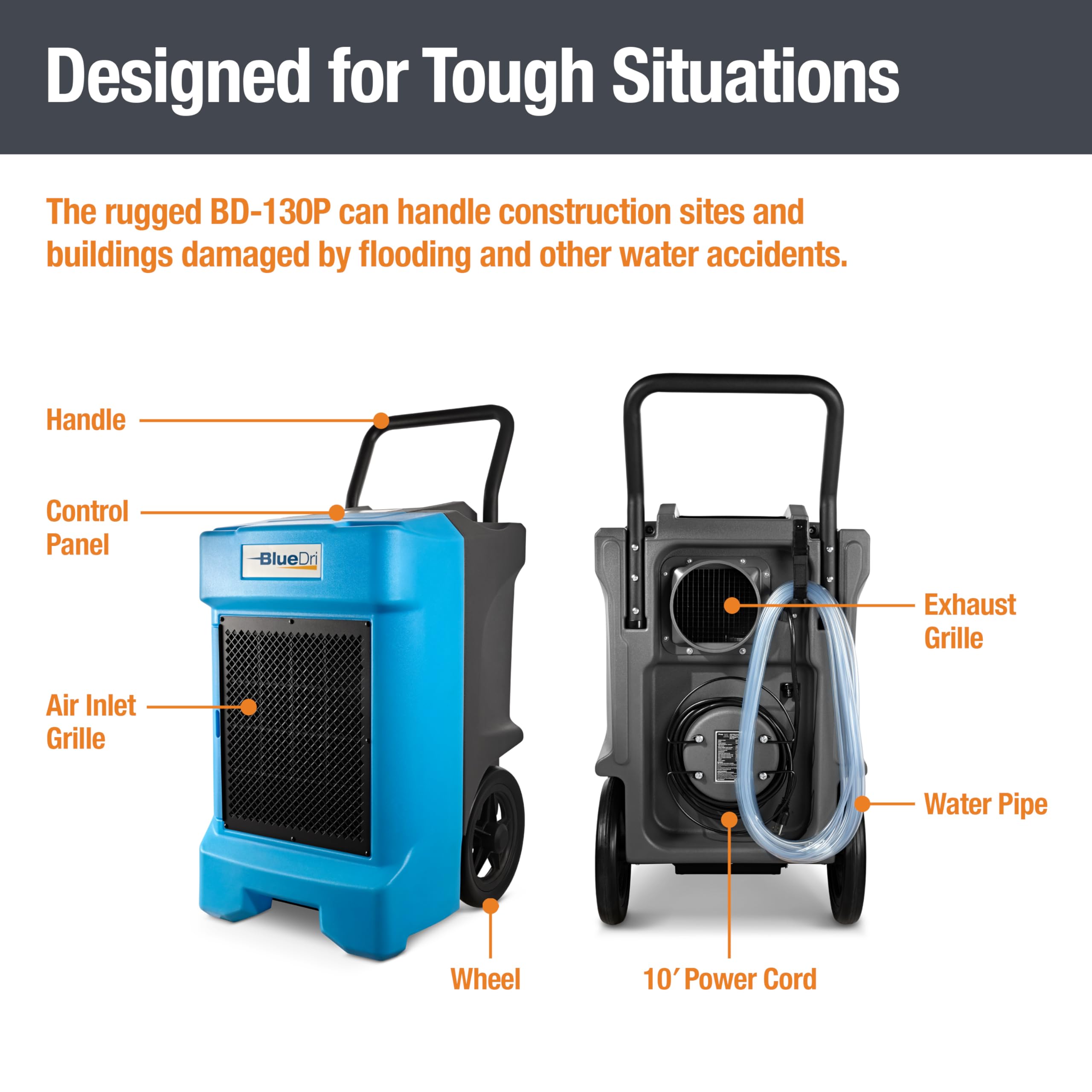 BlueDri BD-130P Industrial Dehumidifier, Large, Roto Mold Plastic, Blue, Ideal for Basements and Job Sites