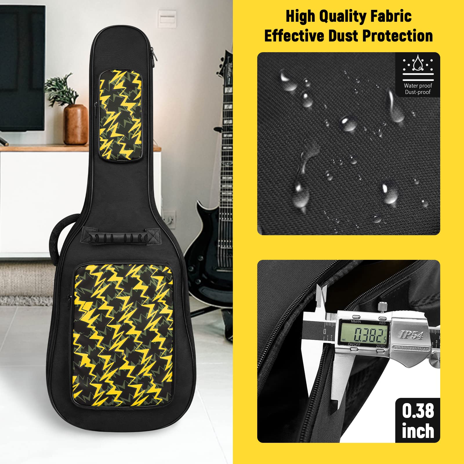 Letsrock 39 Inch Electric Guitar Bag Case 0.38 Inch Thick Padding With Neck Strap Adjustable Shoulder Strap Waterproof Yellow Li