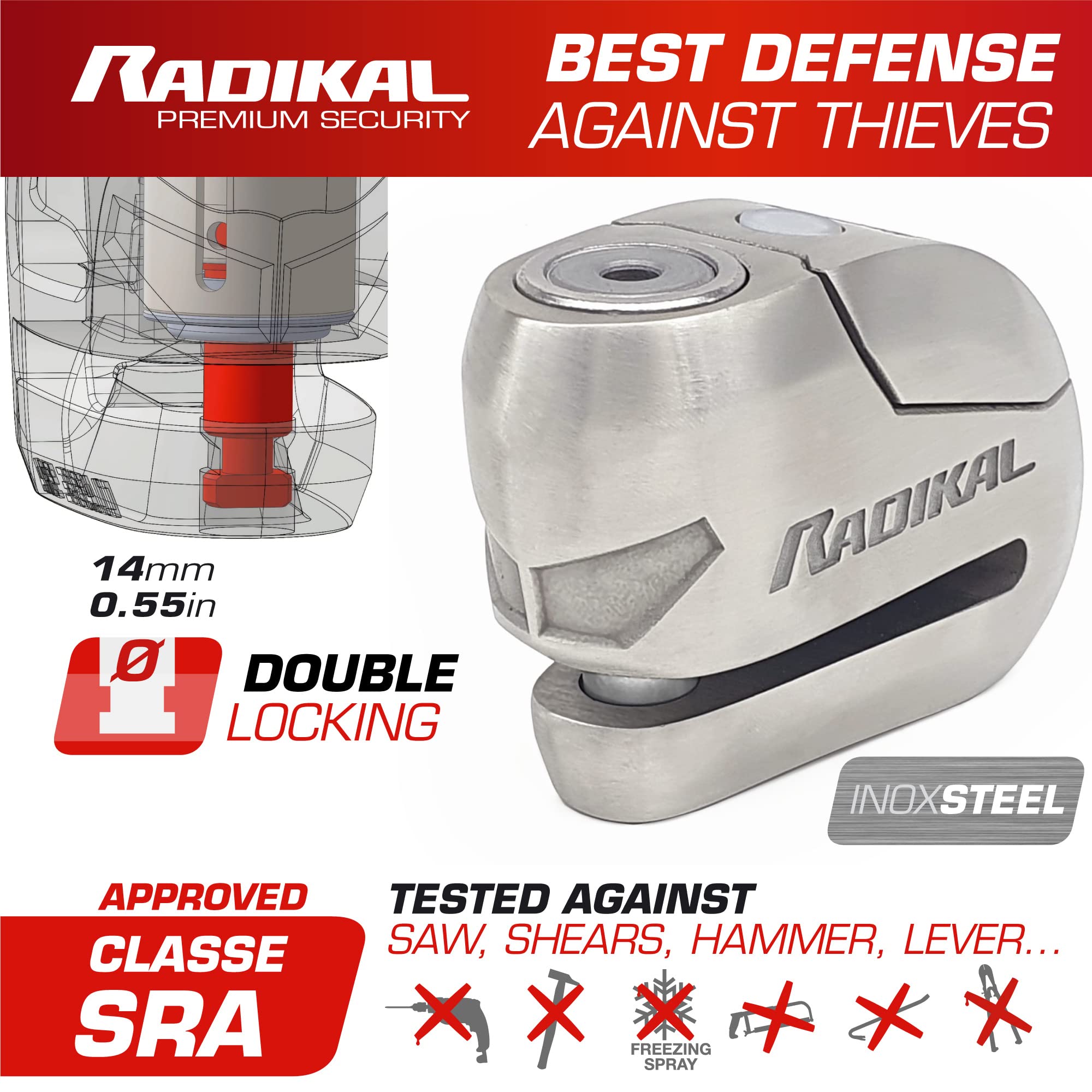 Radikal Rk14S Approved Alarm Disc Lock Motorcycle Premium Security, Hardened Stainless Steel Double Locking, Sek Disctech, High