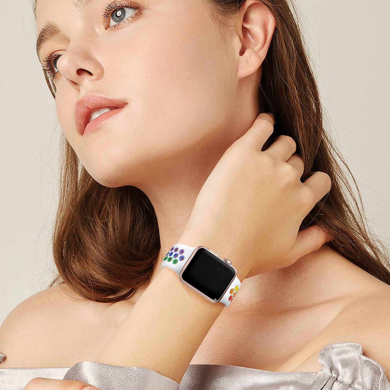 Lerobo Compatible With Apple Watch Bands 44Mm 45Mm 42Mm 49Mm,Sport Soft Silicone Replacement Bands For Apple Watch Se & Iwatch Series 8 7 6 5 4 3 2 1,Sport Edition For Women Men,White/Rainbow