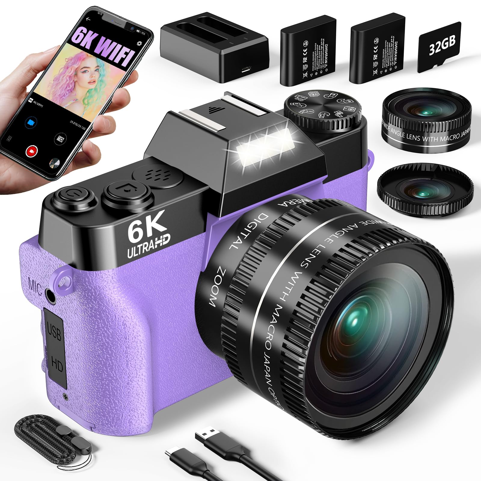 6K Digital Camera for Photography, 64MP Vlogging Camera for YouTube with 3  180 Flip Screen, 16X Zoom Autofocus Compact Travel B
