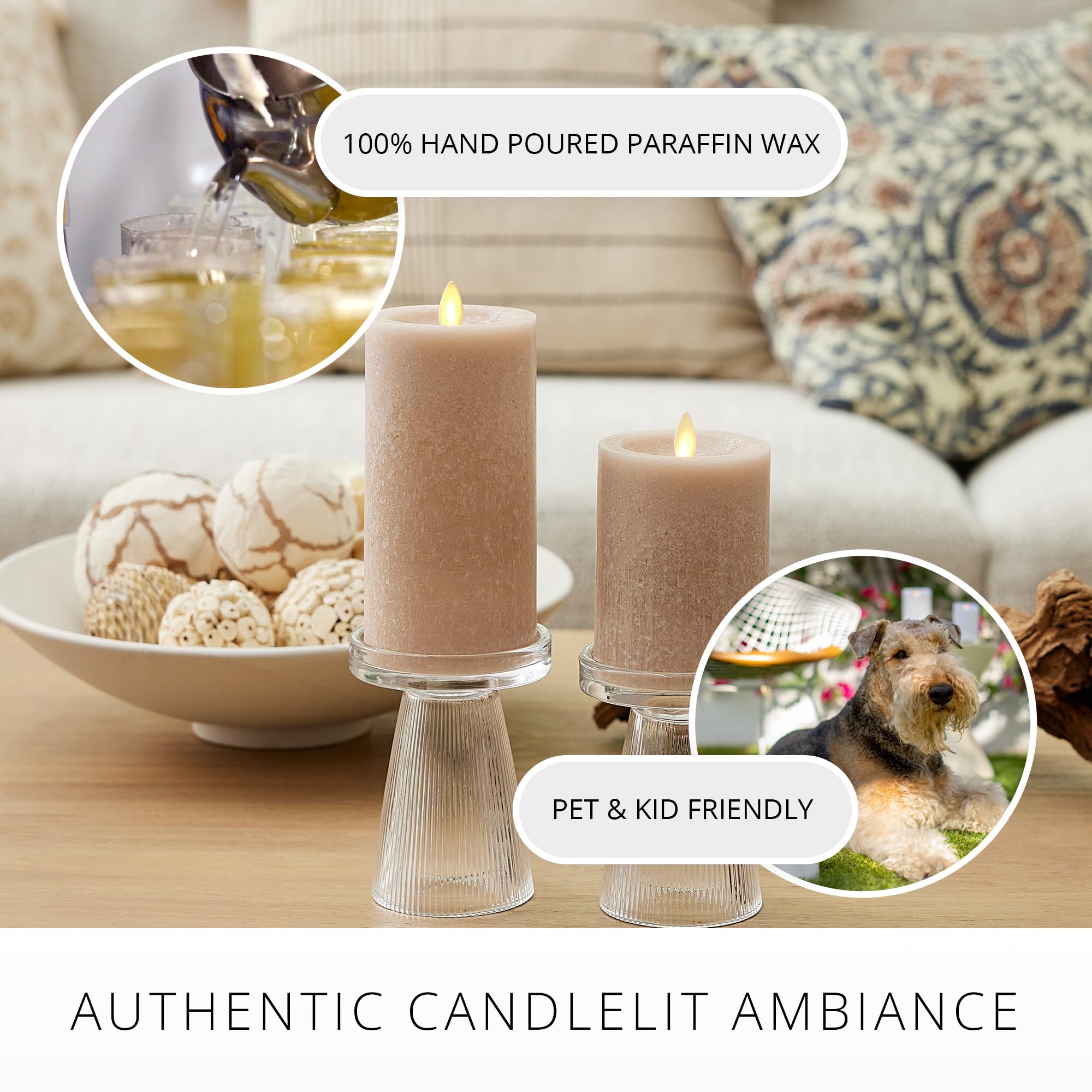 Luminara Sea Glass Flameless Candle, Timeless Taupe 3'' X 4.5'', Moving Led Flame Pillar With Timer, Battery Operated, Real Wax,