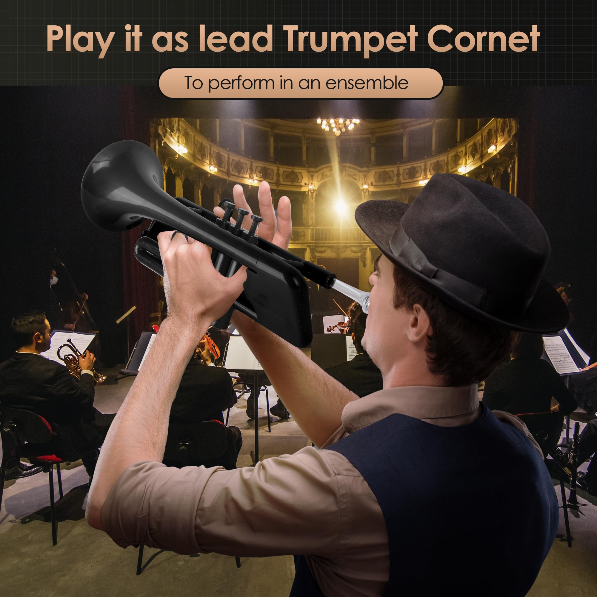 Pampet Sea Lion Professional Plastic Bb Trumpet Standard Trumpets Trumpet Set For Student Beginner Bb Trumpet Instrument (Black)