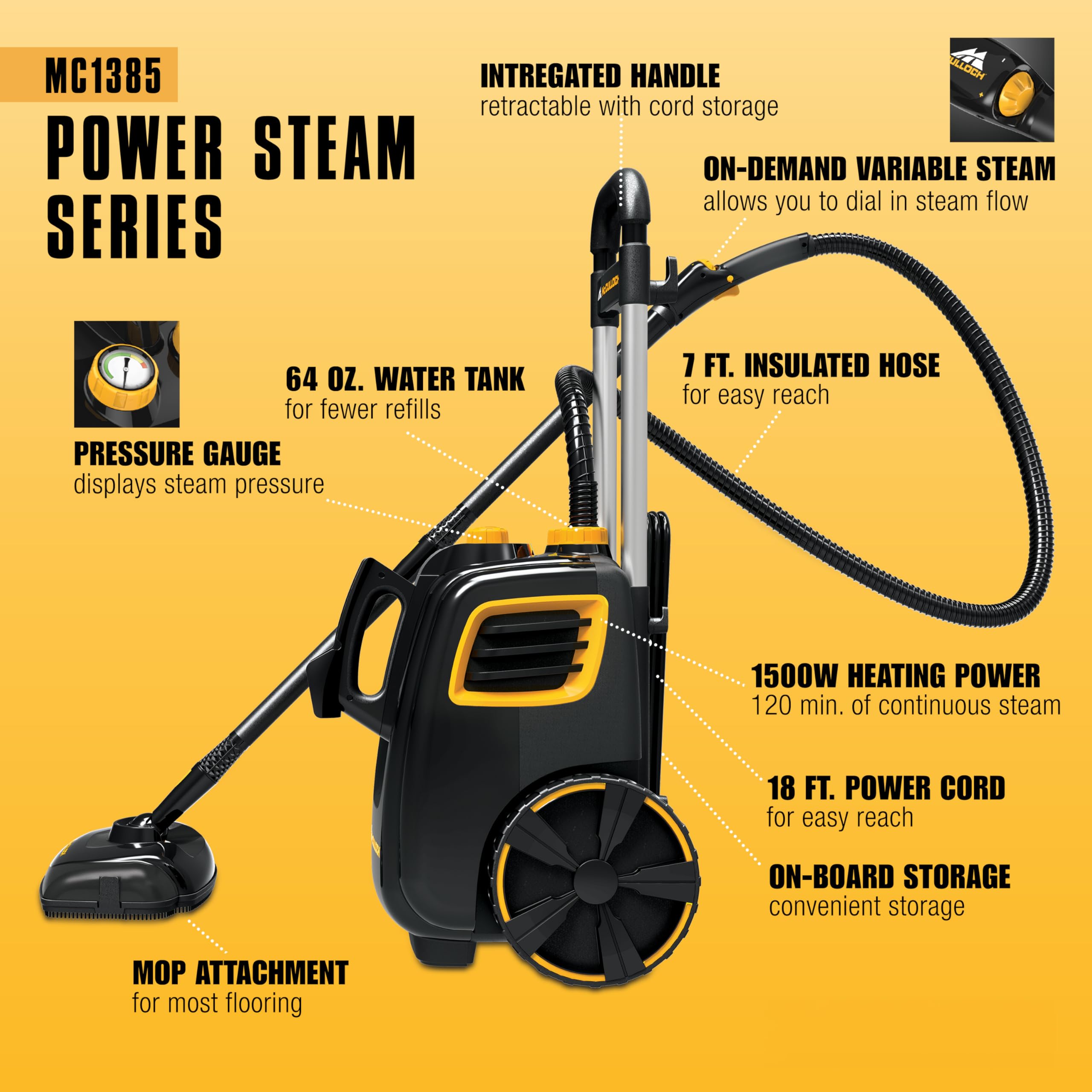 Mcculloch Mc1385 Deluxe Canister Steam Cleaner With 23 Accessories, Chemical Free Pressurized Cleaning For Most Floors, Counters
