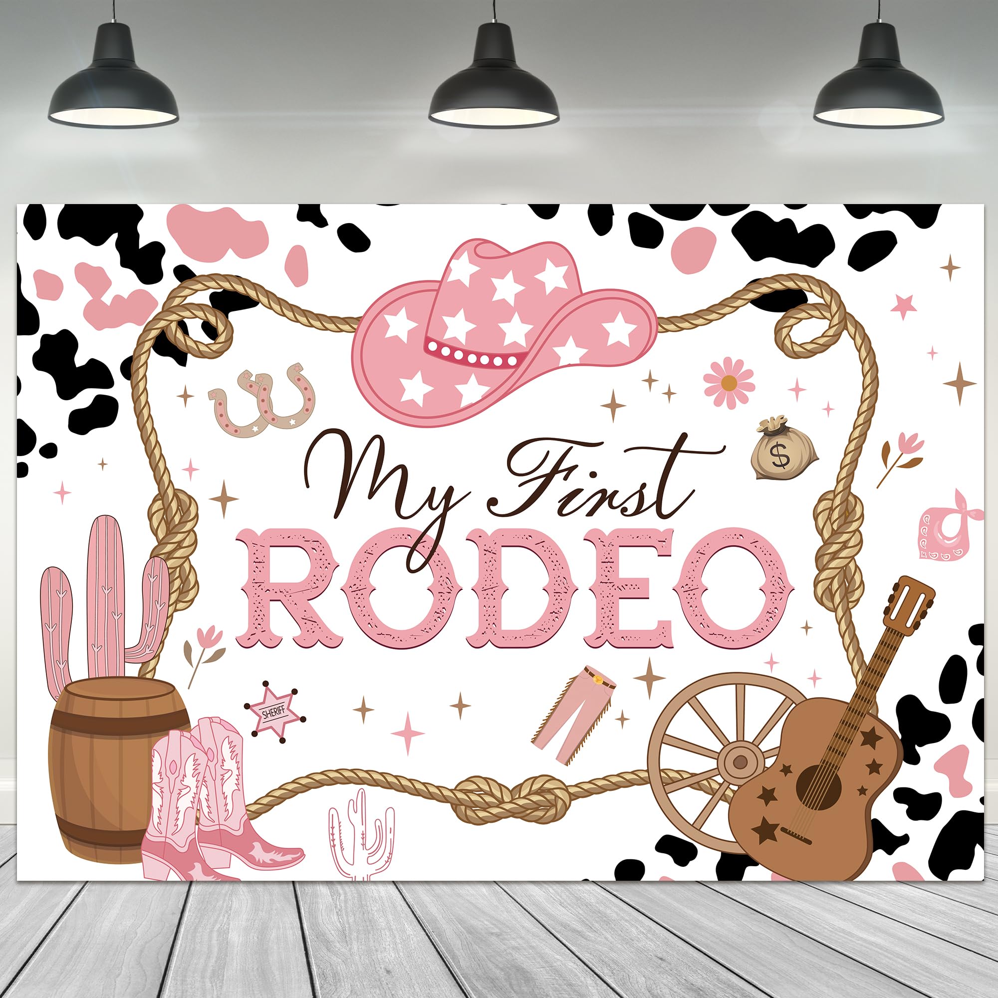 Riyidecor Cowgirl First Rodeo Birthday Backdrop, Western First Birthday Backdrop Banner, Cow Print Pink Wild West Cactus 7X5 Fee