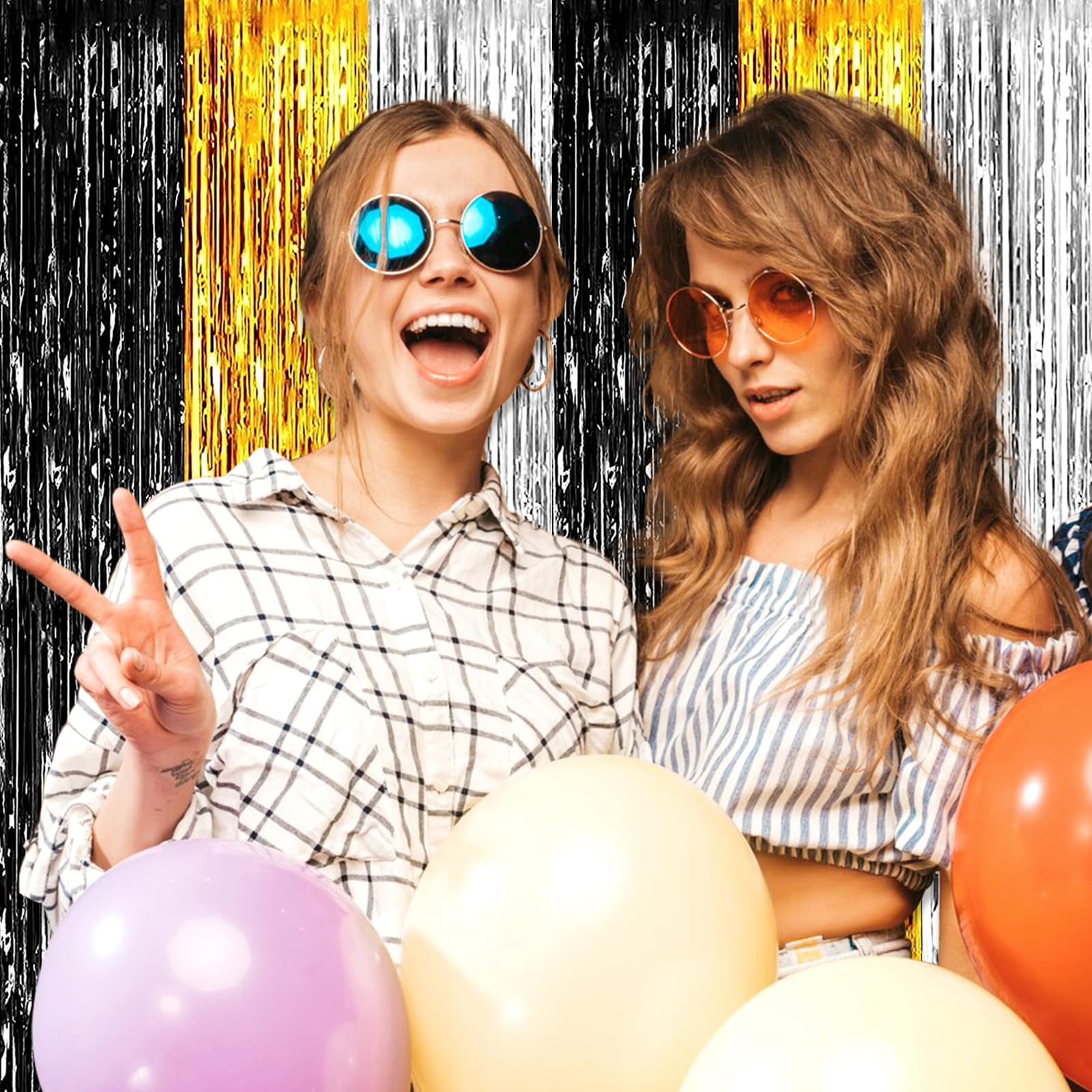 3 Pack Black Gold Silver Foil Fringe Curtain Backdrop, 3.28Ft X 6.6Ft Metallic Tinsel Foil Fringe Streamer Curtains For Photo Bo