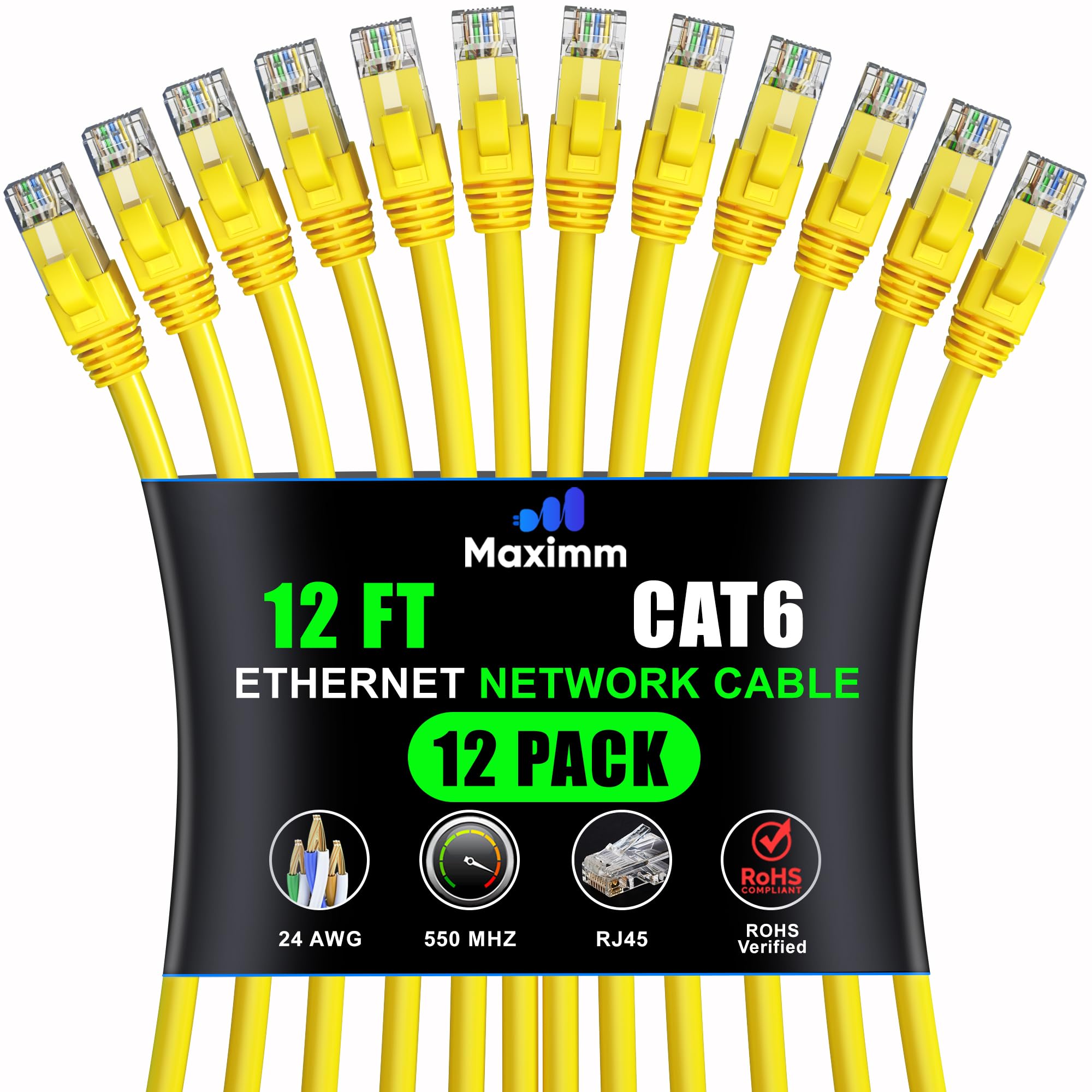 Maximm Cat 6 Ethernet Cable 12 Ft (12 Pack)   High Speed Lan Cable, Internet Cable, Patch Cable, And Network Cable   Utp, 10Gbps, 550Mhz Ethernet Cord   Yellow
