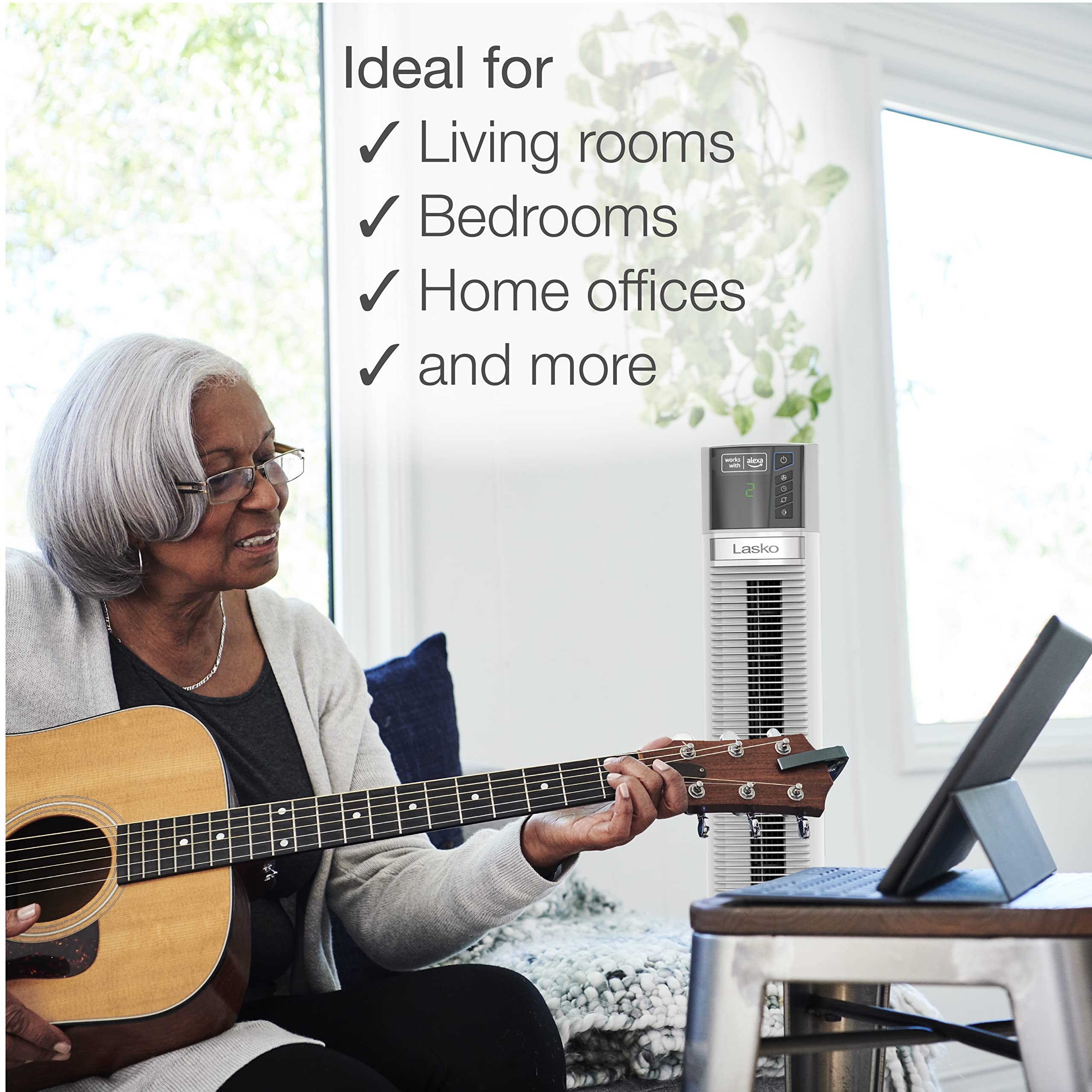 Lasko Works With Alexa Oscillating Tower Fan, Voice Controlled, 4 Quiet Speeds, Sleep Mode, Timer, Bedroom, Living Room, 48, Whi